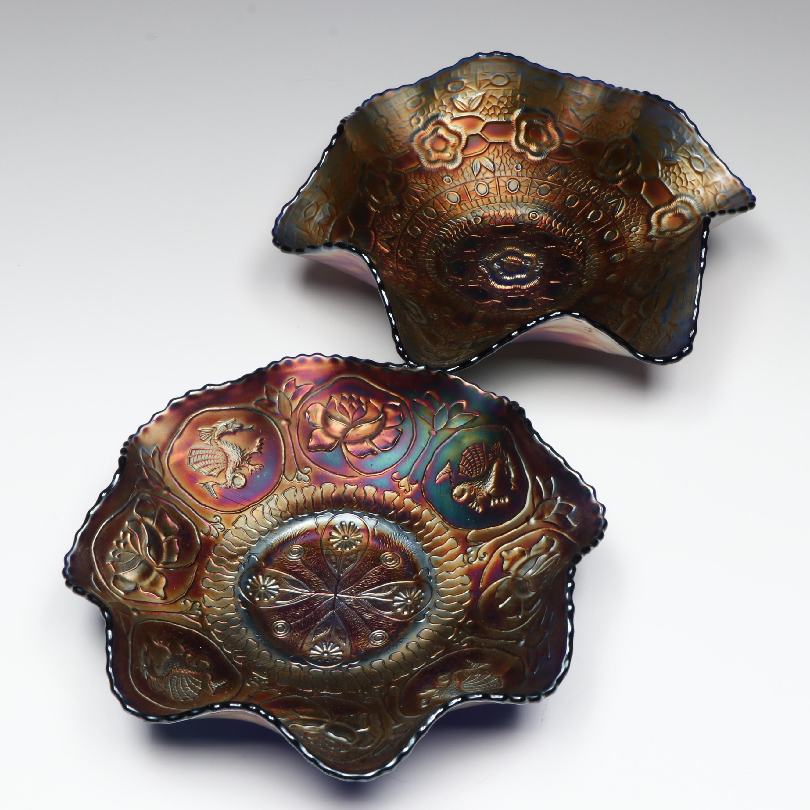 Fenton Dragon and Lotus with Other Ruffled Edge Carnival Glass Bowls