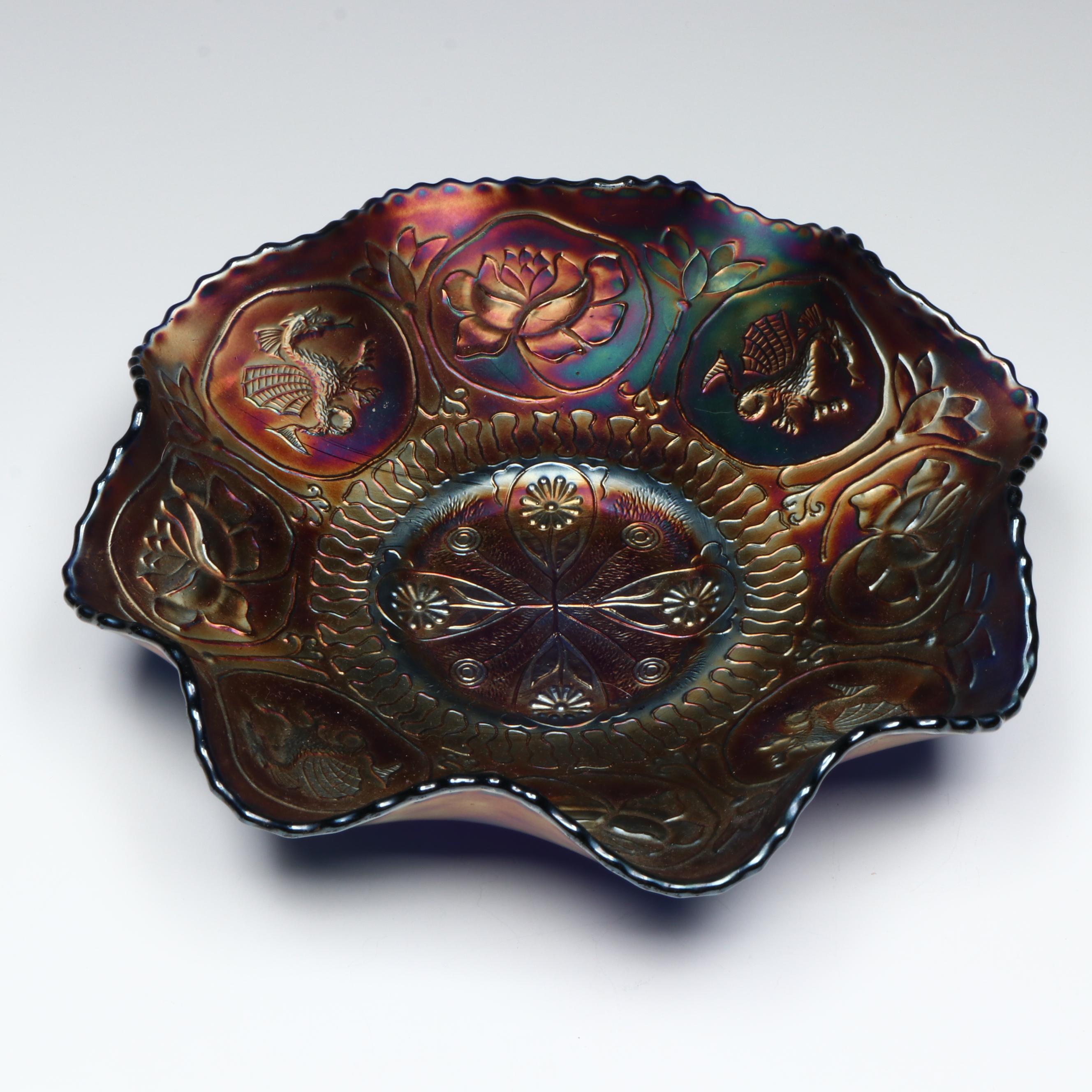 Fenton Dragon and Lotus with Other Ruffled Edge Carnival Glass Bowls