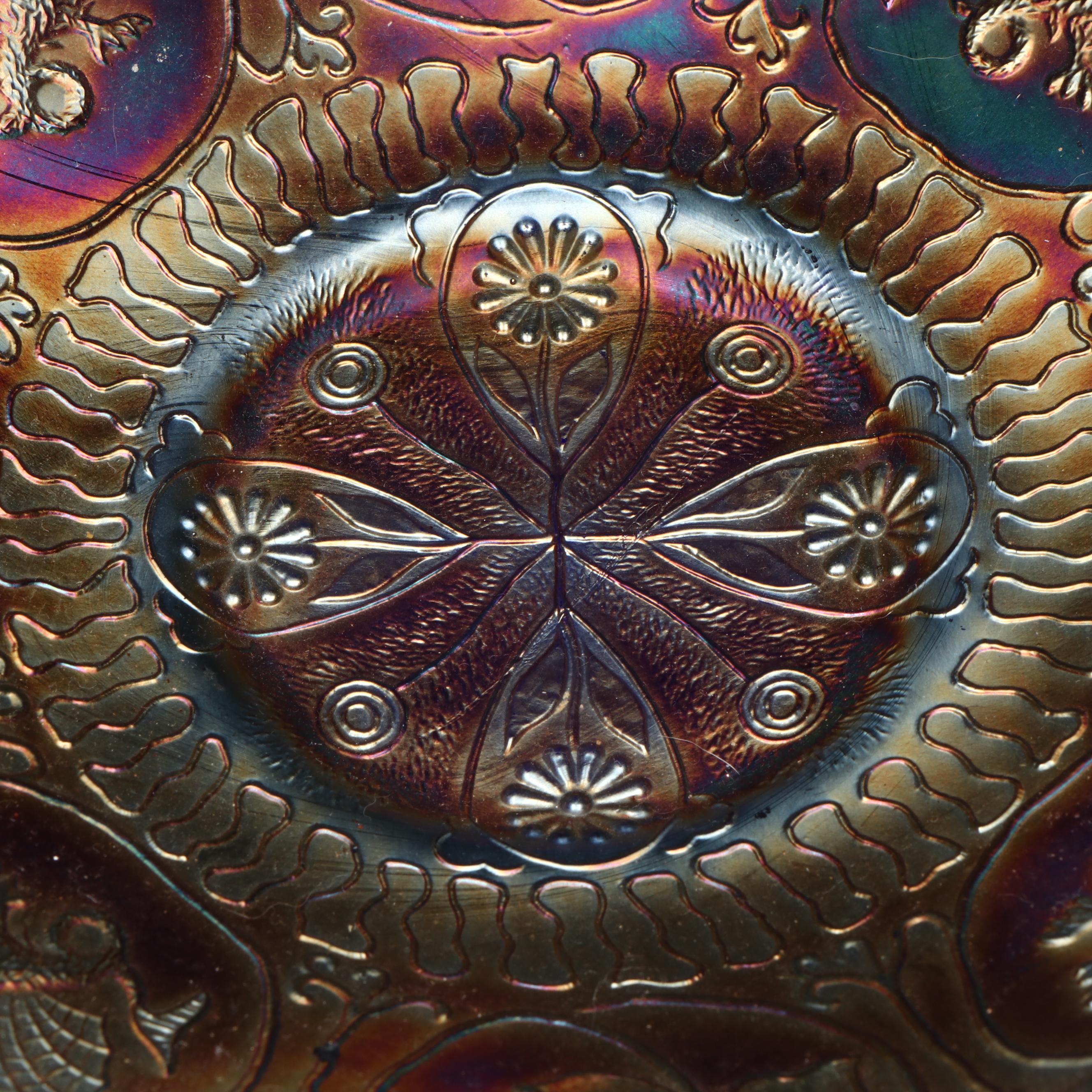 Fenton Dragon and Lotus with Other Ruffled Edge Carnival Glass Bowls