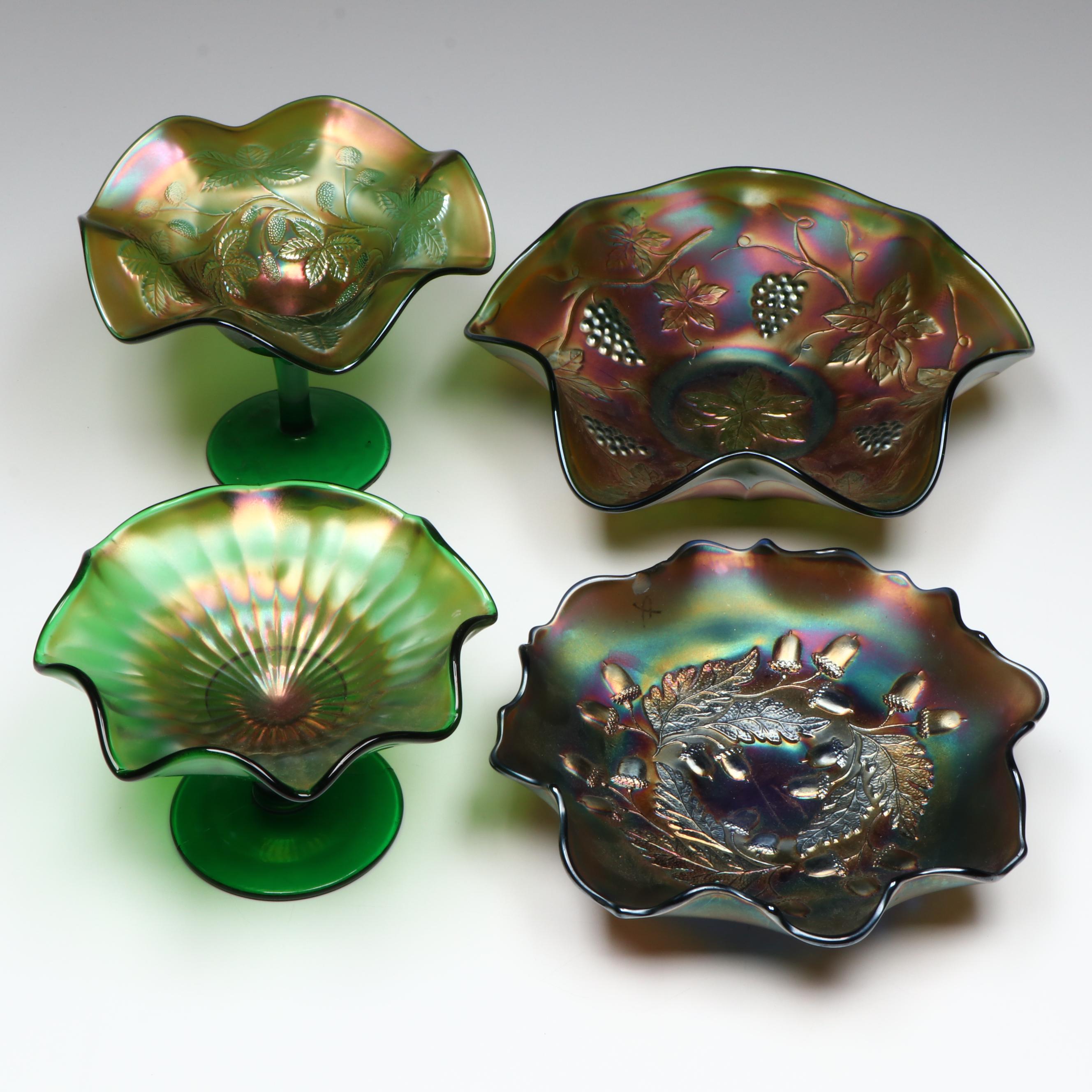 Fenton and Other Green Carnival Glass Compotes and Bowls