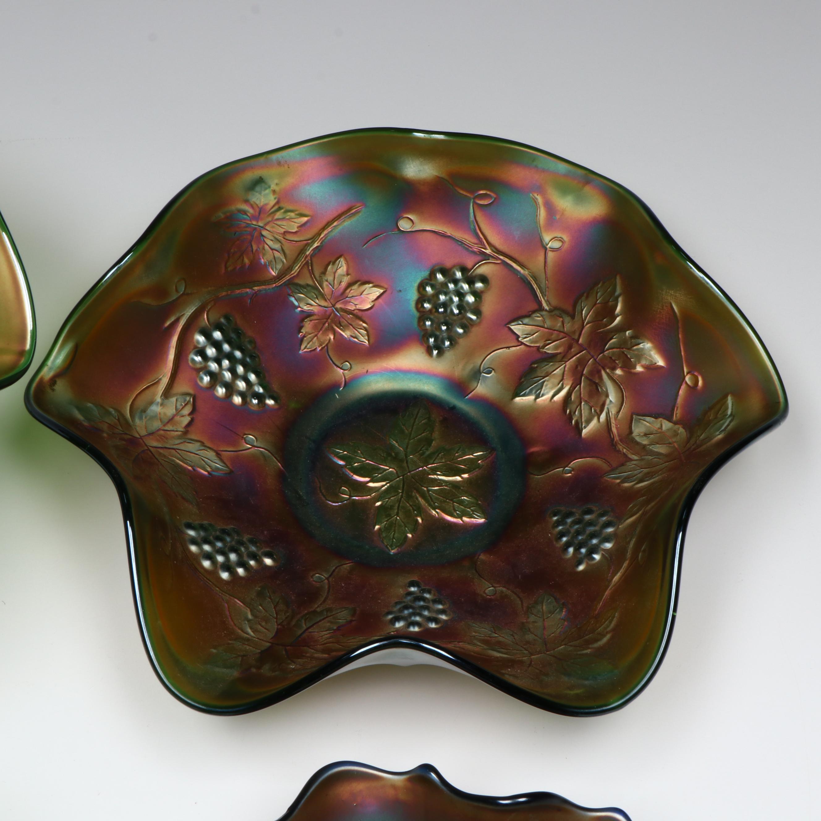 Fenton and Other Green Carnival Glass Compotes and Bowls