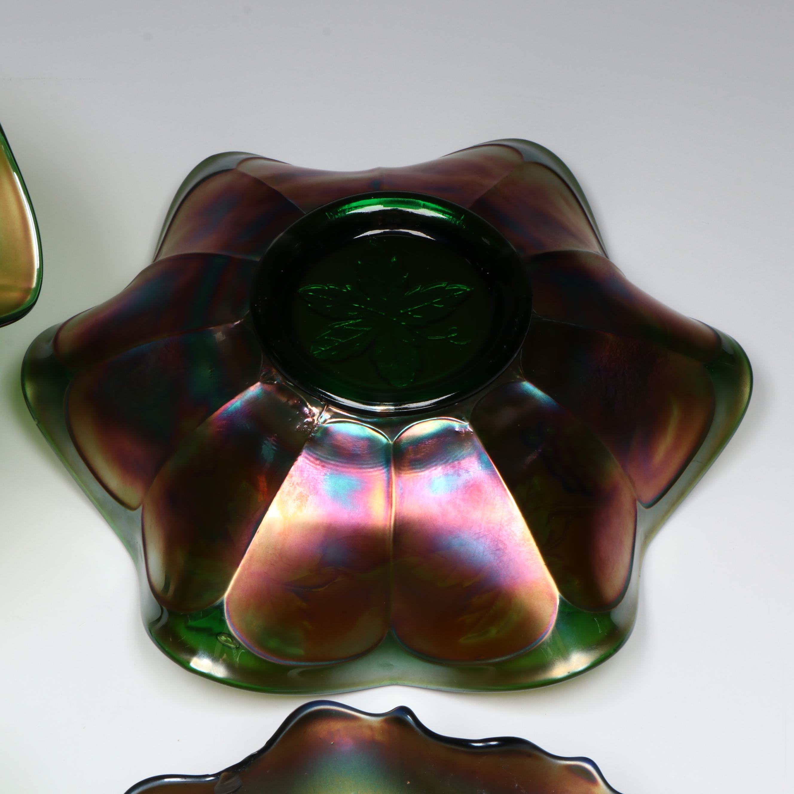Fenton and Other Green Carnival Glass Compotes and Bowls