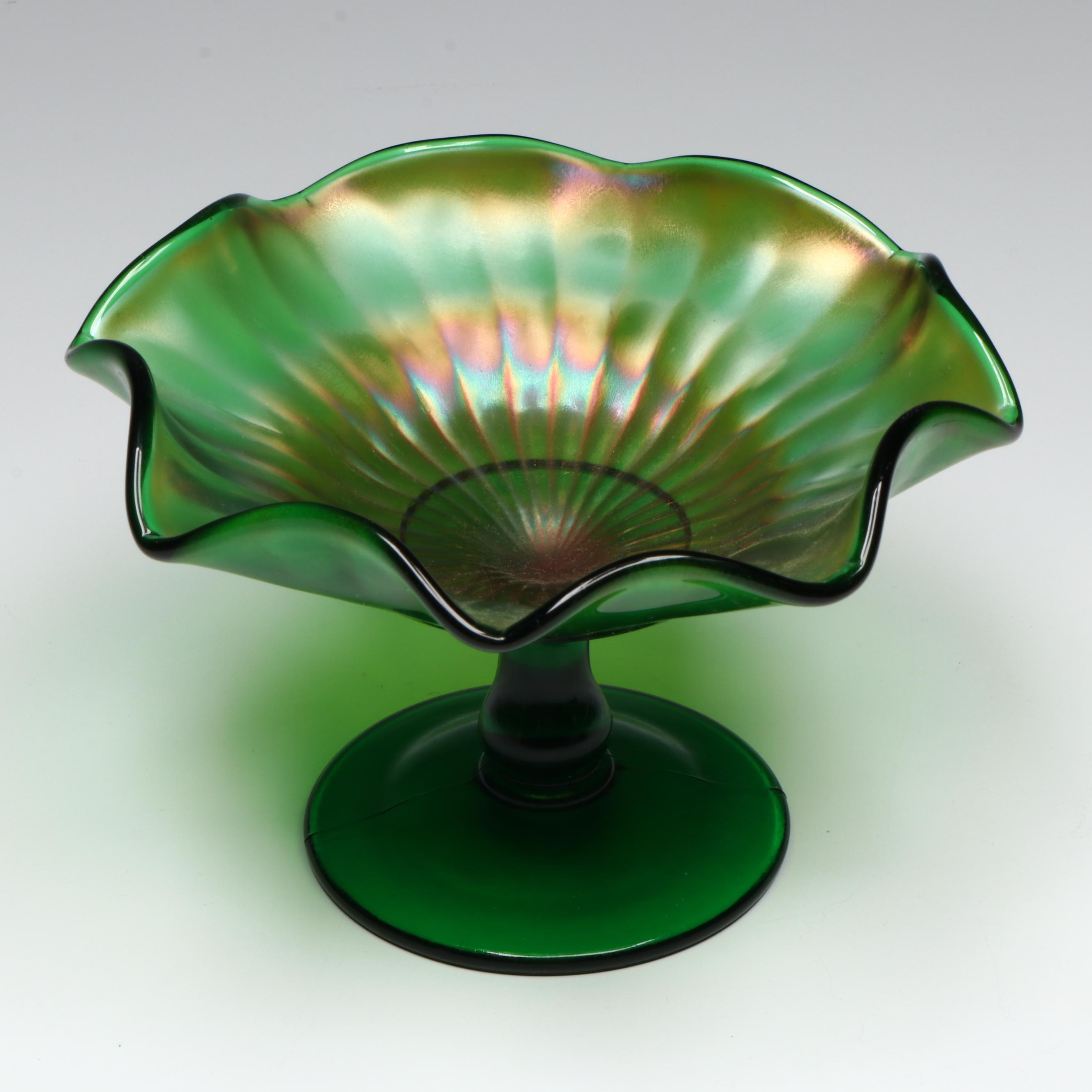 Fenton and Other Green Carnival Glass Compotes and Bowls