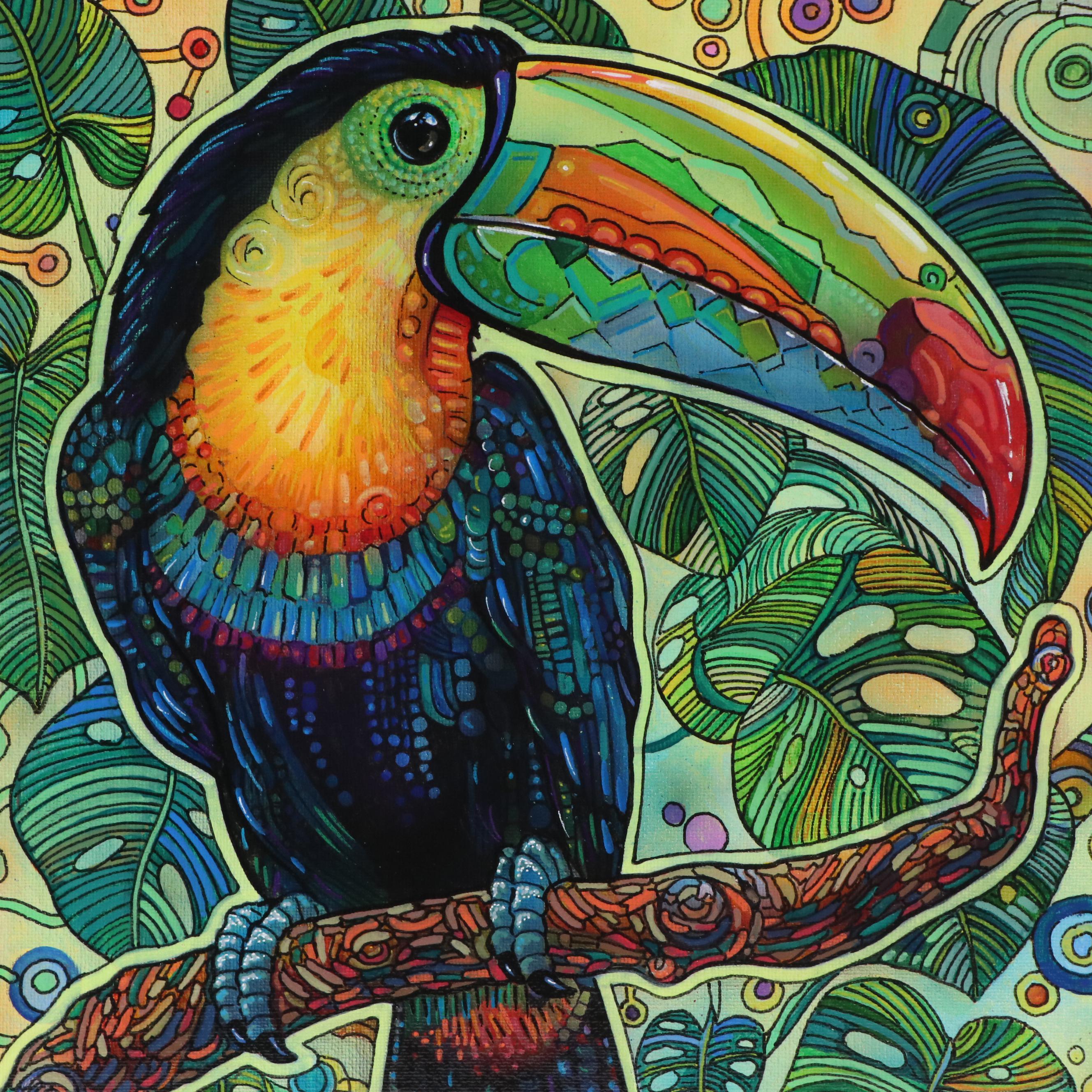 Ricardo Maya Stylized Acrylic Painting of a Toucan, 21st Century