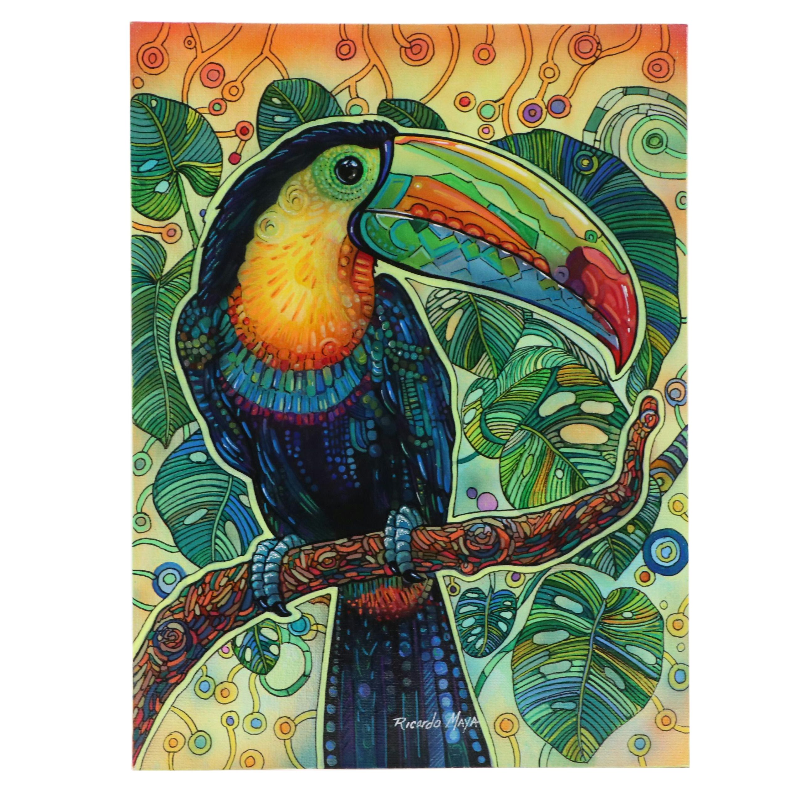 Ricardo Maya Stylized Acrylic Painting of a Toucan, 21st Century
