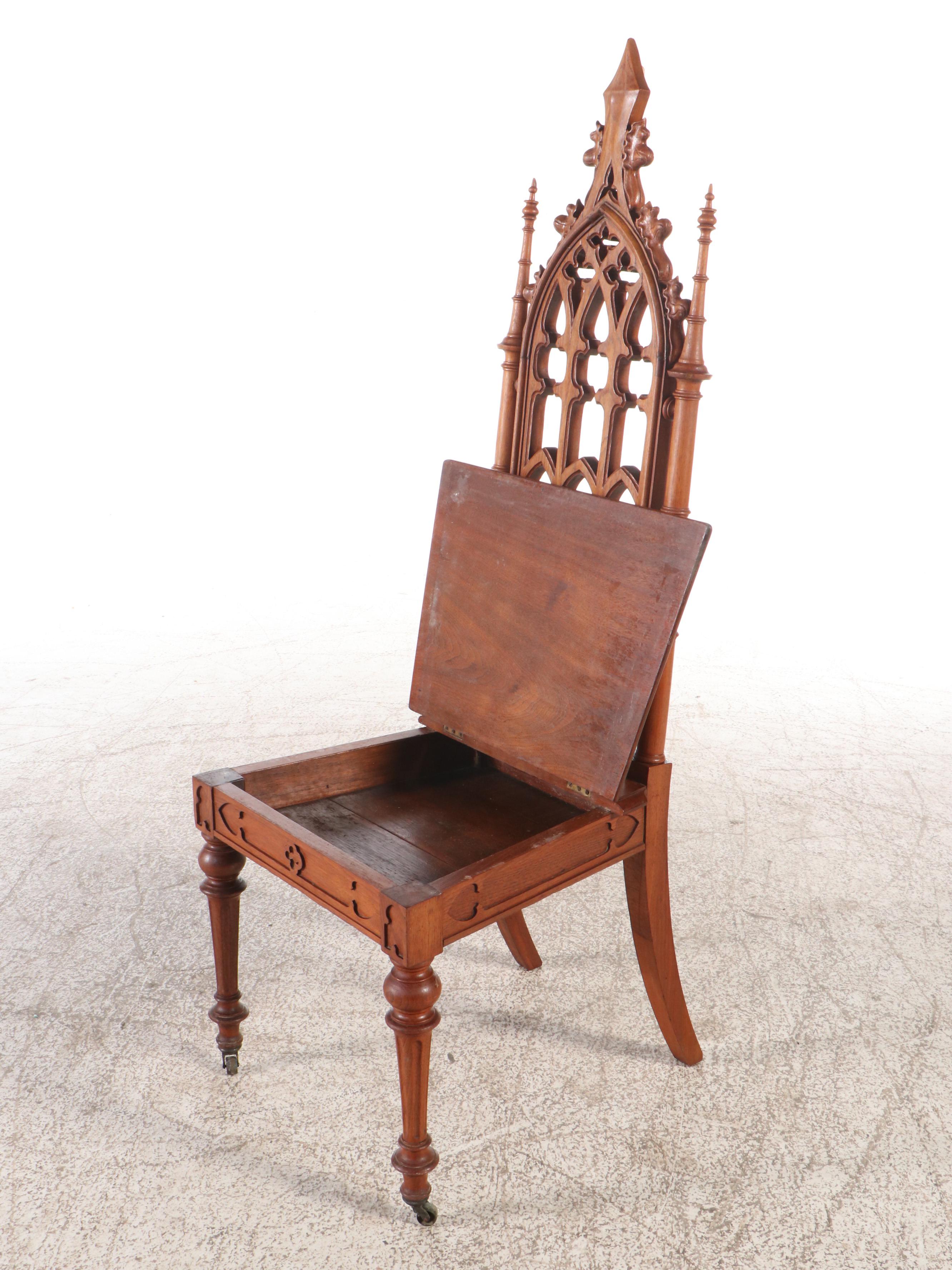 Victorian Gothic Revival Carved Mahogany Hall Chair with Storage