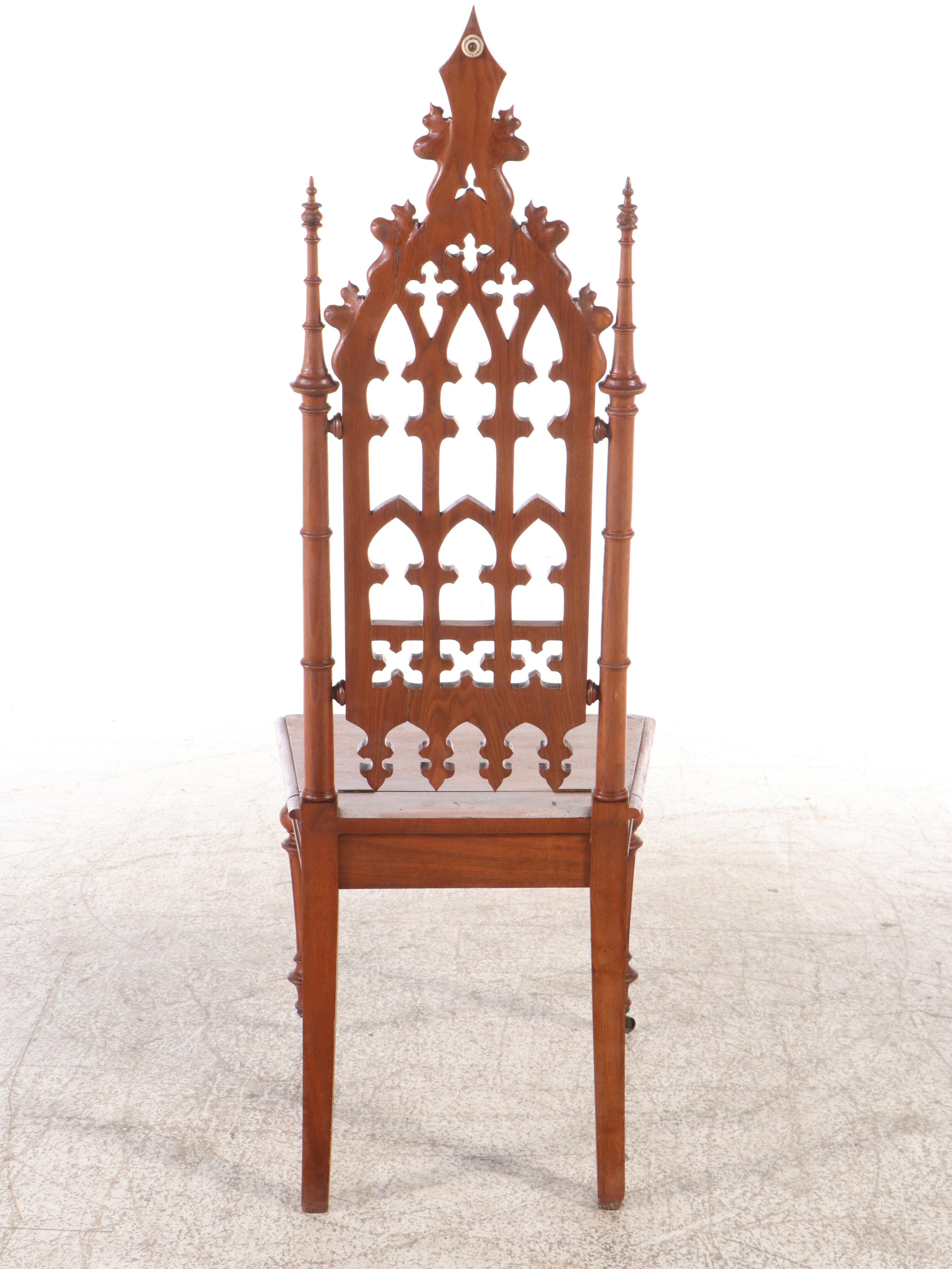Victorian Gothic Revival Carved Mahogany Hall Chair with Storage