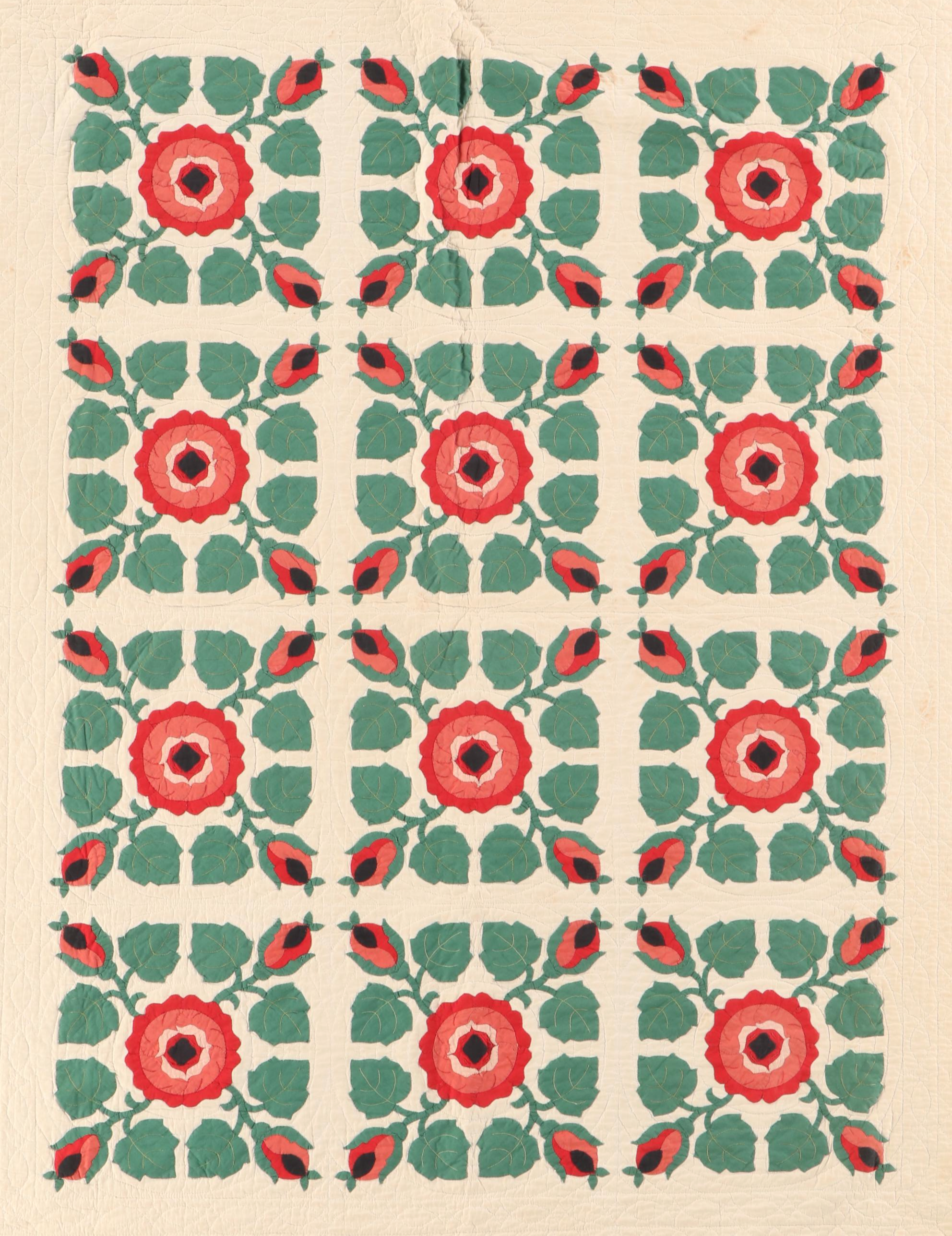 Hand-Pieced "Rose of Sharon" Applique on Whole Cloth Quilt