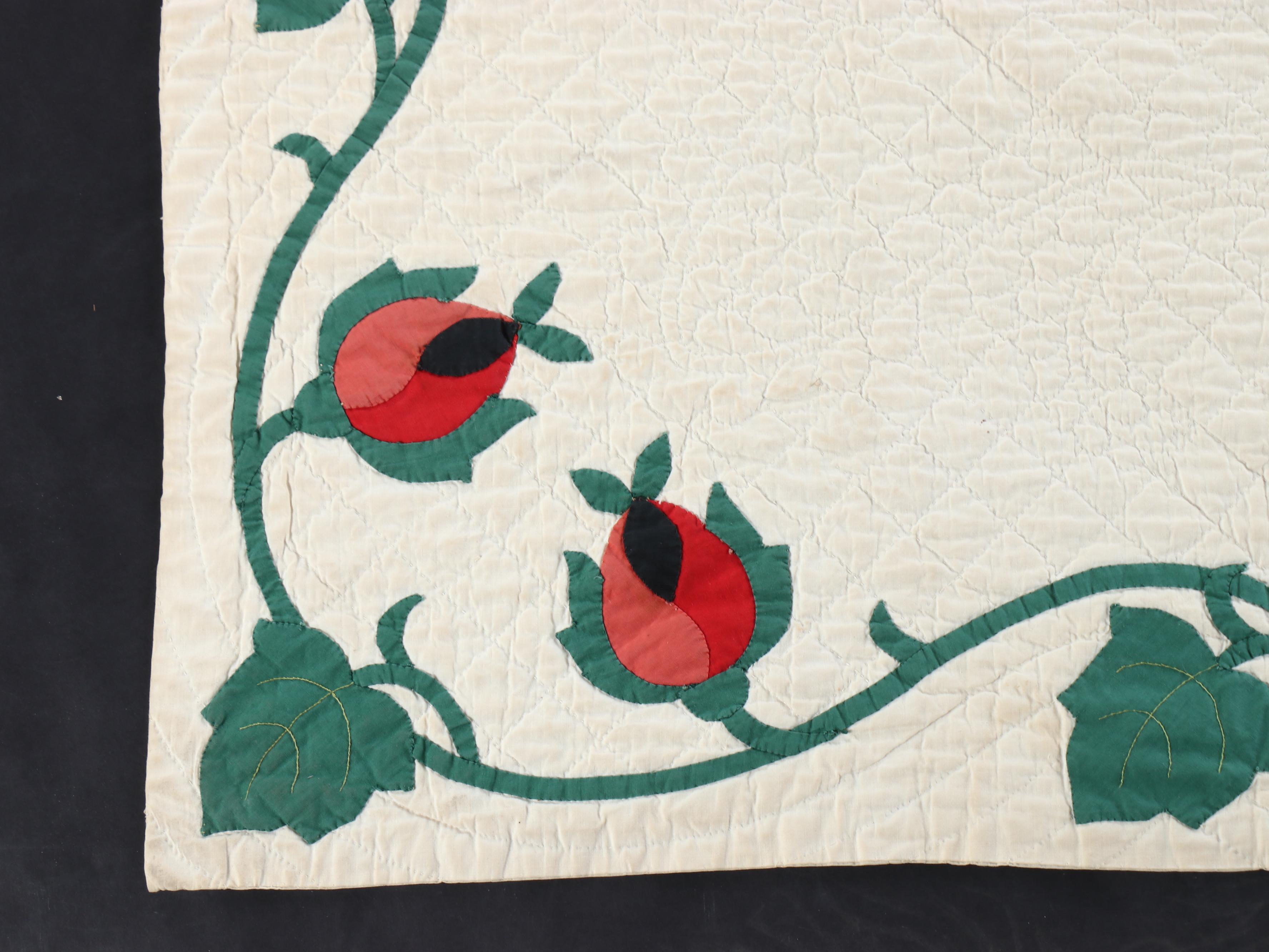 Hand-Pieced "Rose of Sharon" Applique on Whole Cloth Quilt