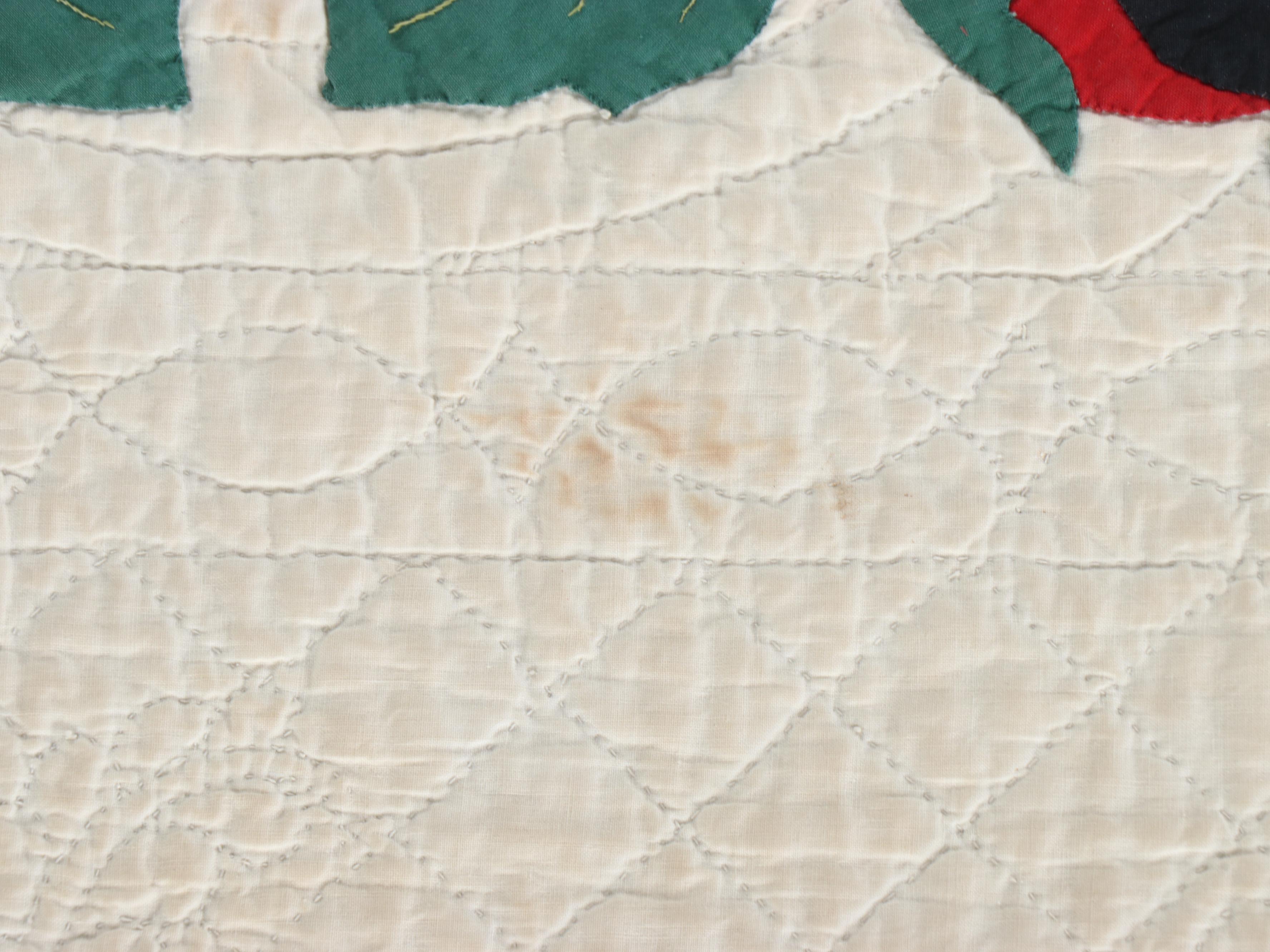 Hand-Pieced "Rose of Sharon" Applique on Whole Cloth Quilt