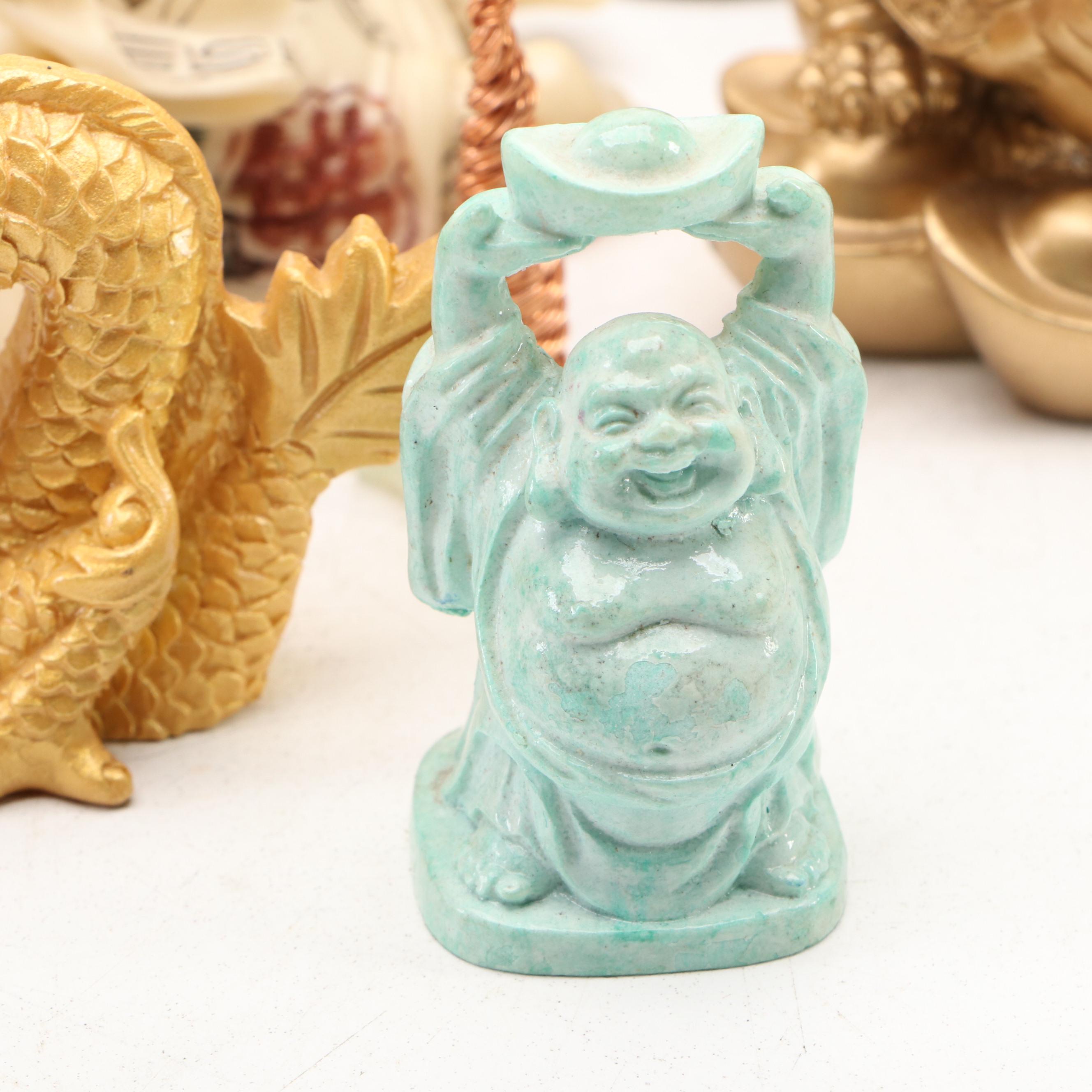 Chinese Resin Buddhas, Dragon, Lucky Frog with Bonsai and More