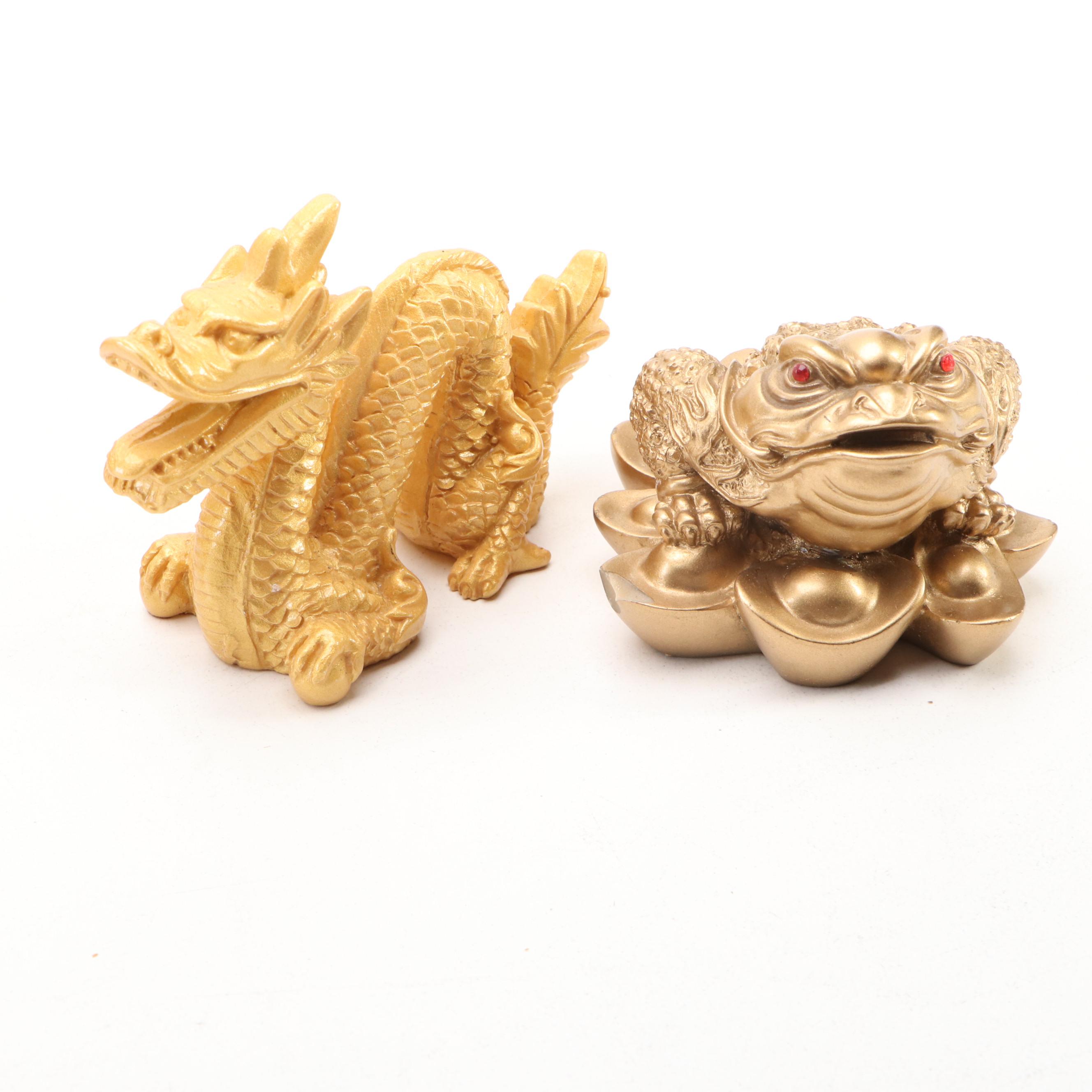 Chinese Resin Buddhas, Dragon, Lucky Frog with Bonsai and More