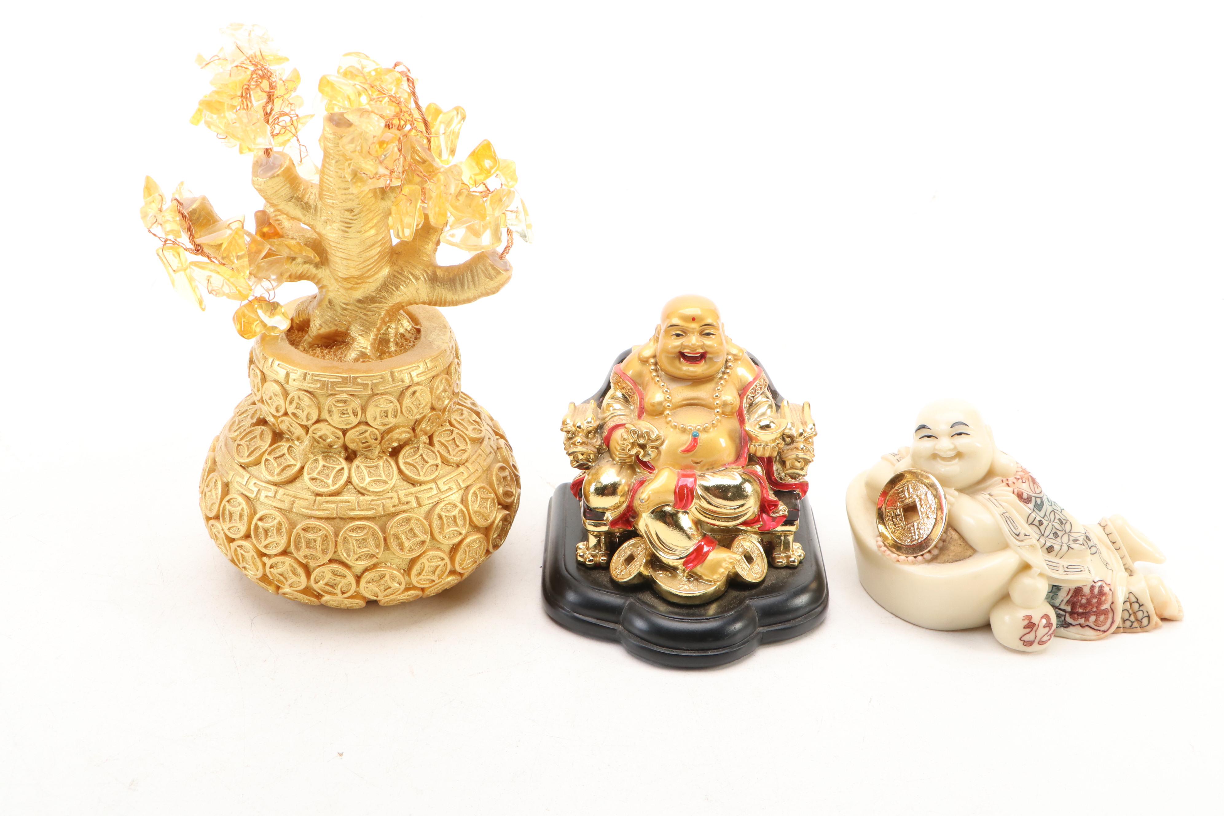Chinese Resin Buddhas, Dragon, Lucky Frog with Bonsai and More