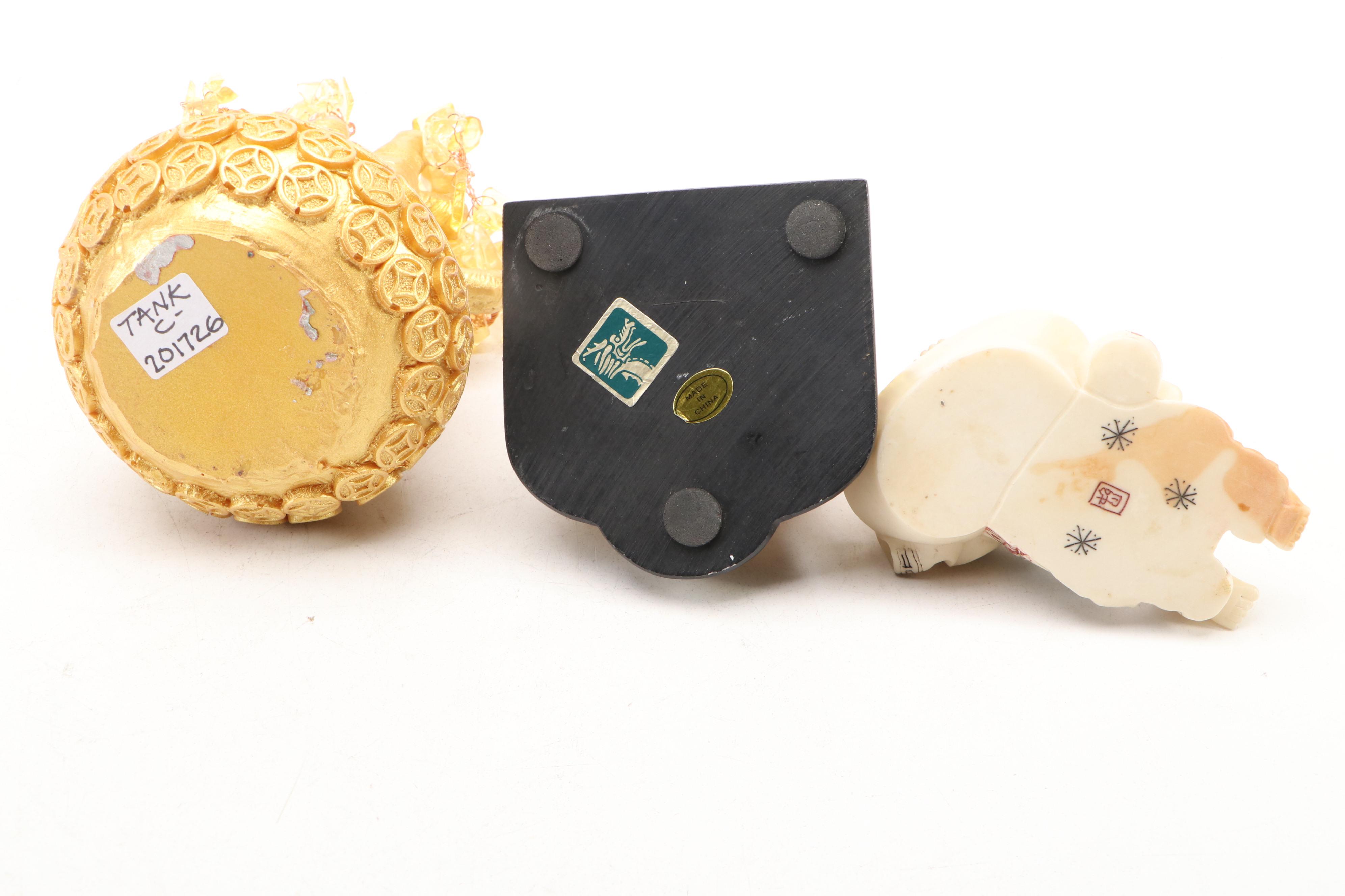 Chinese Resin Buddhas, Dragon, Lucky Frog with Bonsai and More