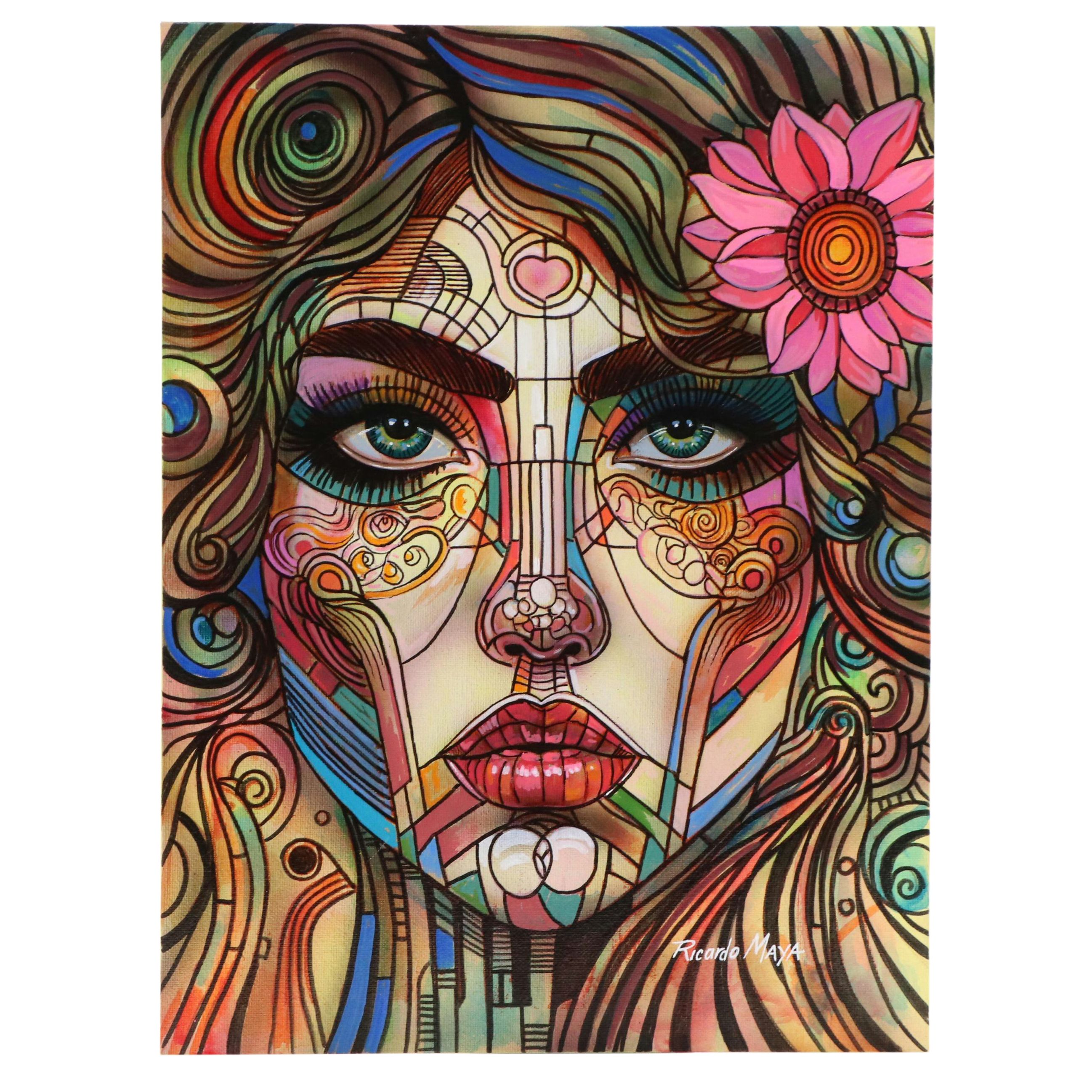 Ricardo Maya Surrealist Acrylic Portrait, 21st Century
