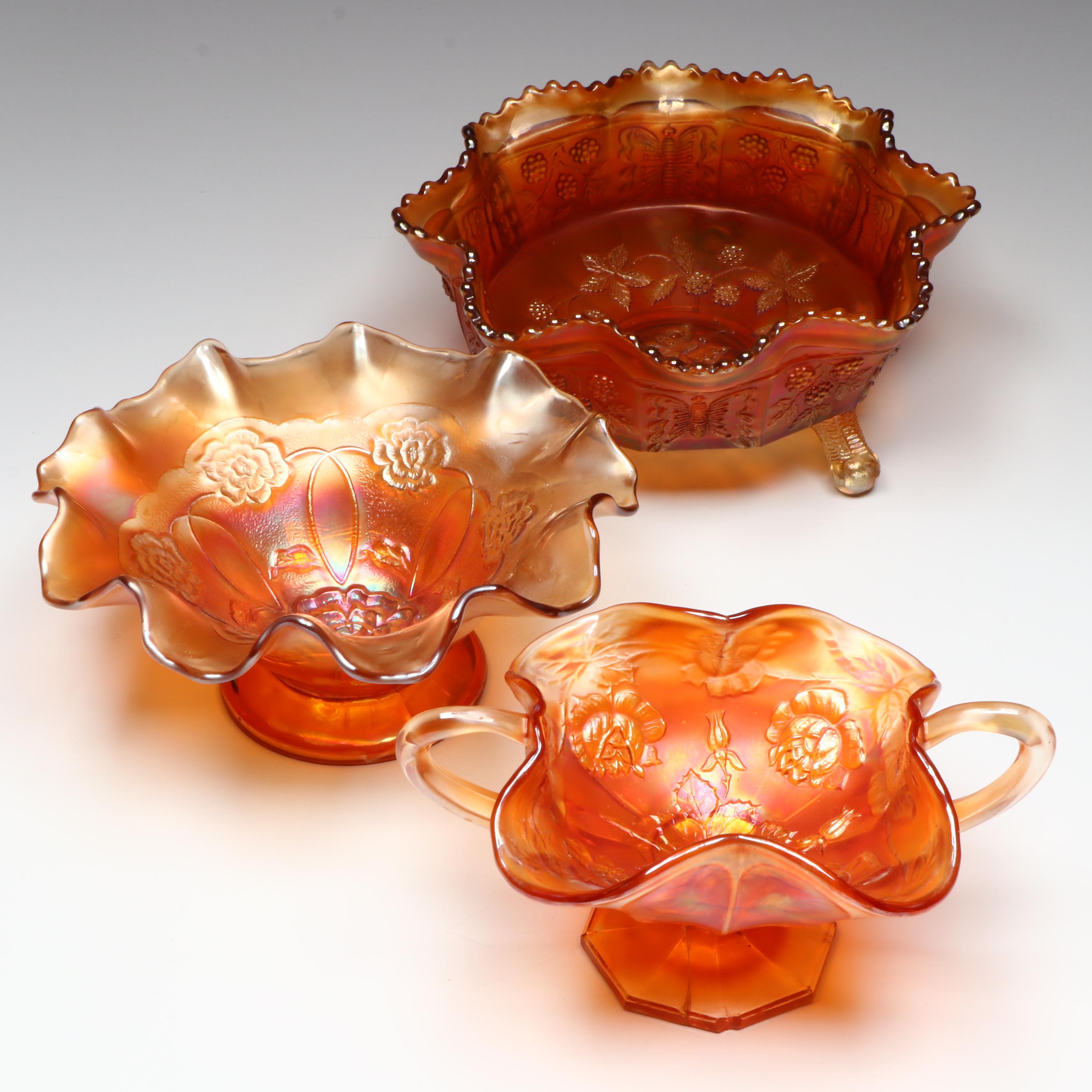 Fenton Butterfly and Berries and Wreath of Roses Marigold Carnival Glass Bowls