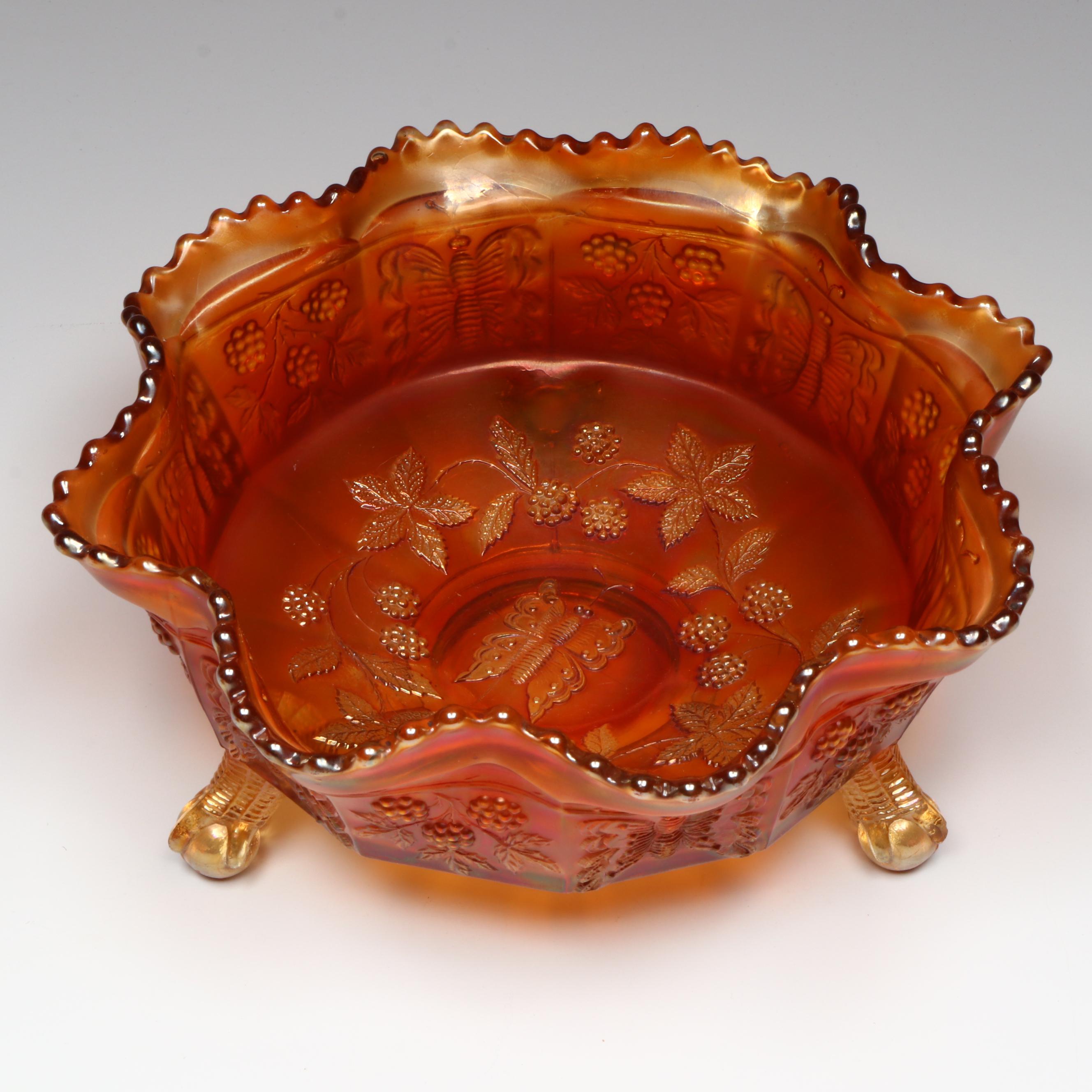 Fenton Butterfly and Berries and Wreath of Roses Marigold Carnival Glass Bowls