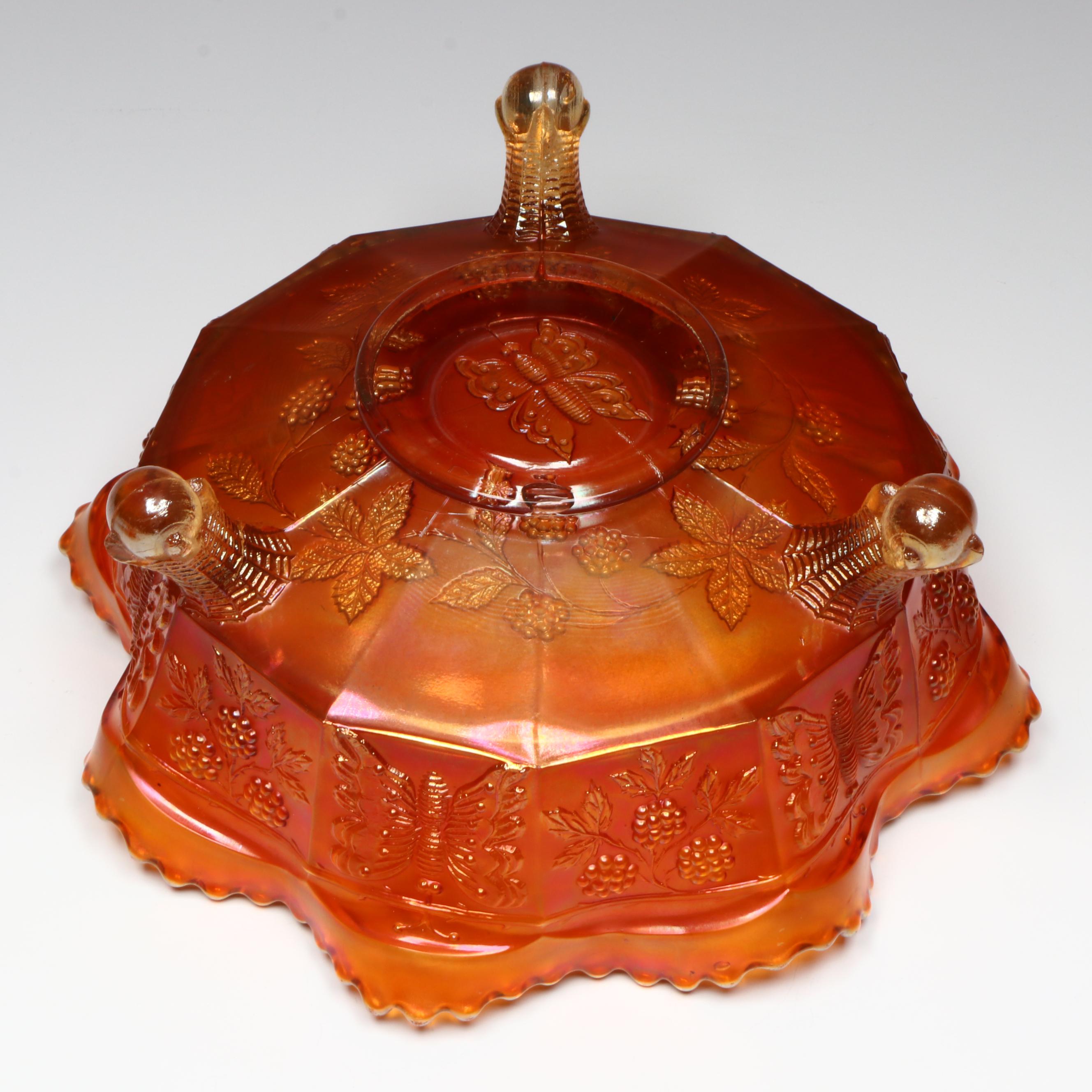 Fenton Butterfly and Berries and Wreath of Roses Marigold Carnival Glass Bowls