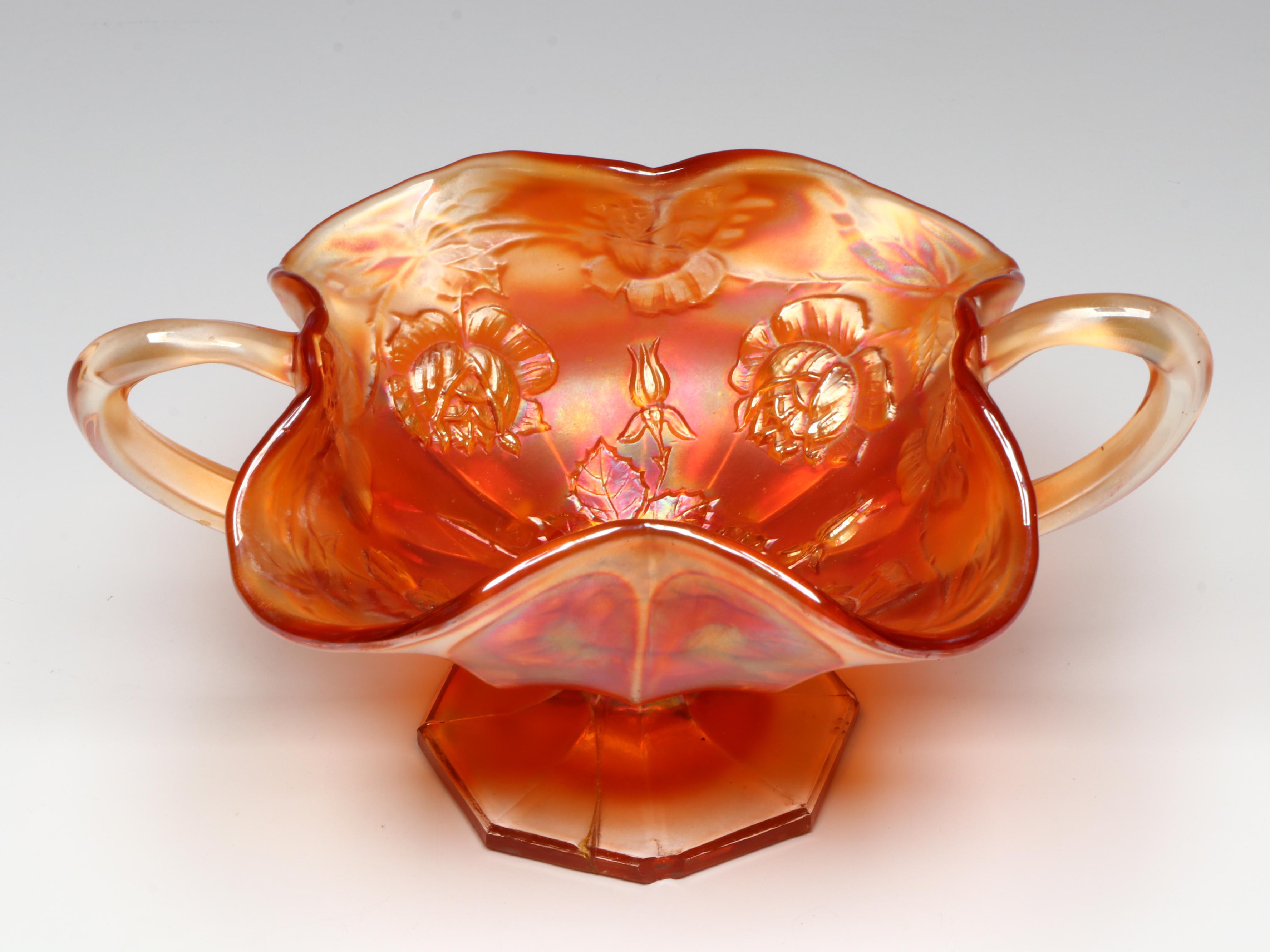 Fenton Butterfly and Berries and Wreath of Roses Marigold Carnival Glass Bowls