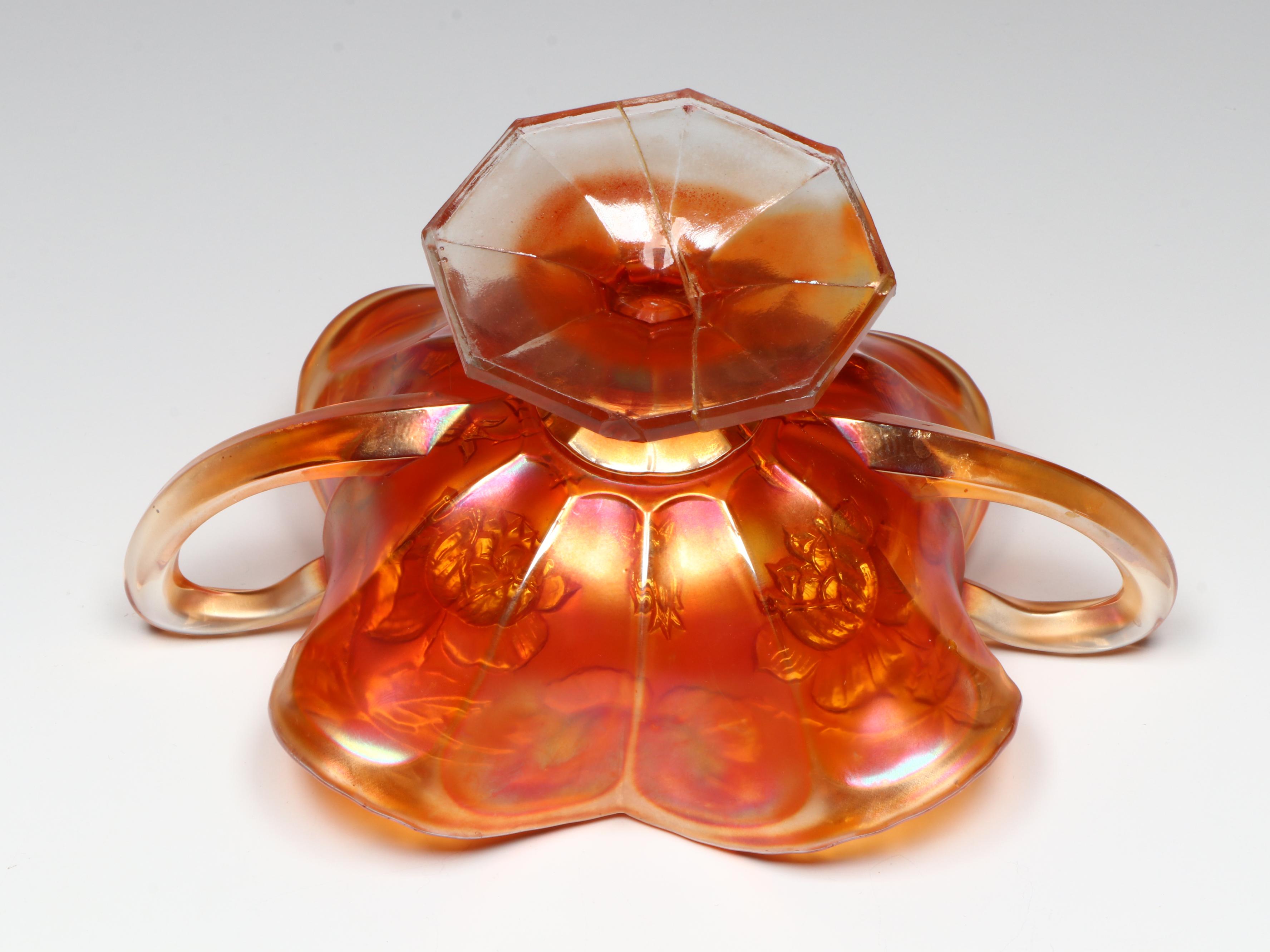 Fenton Butterfly and Berries and Wreath of Roses Marigold Carnival Glass Bowls