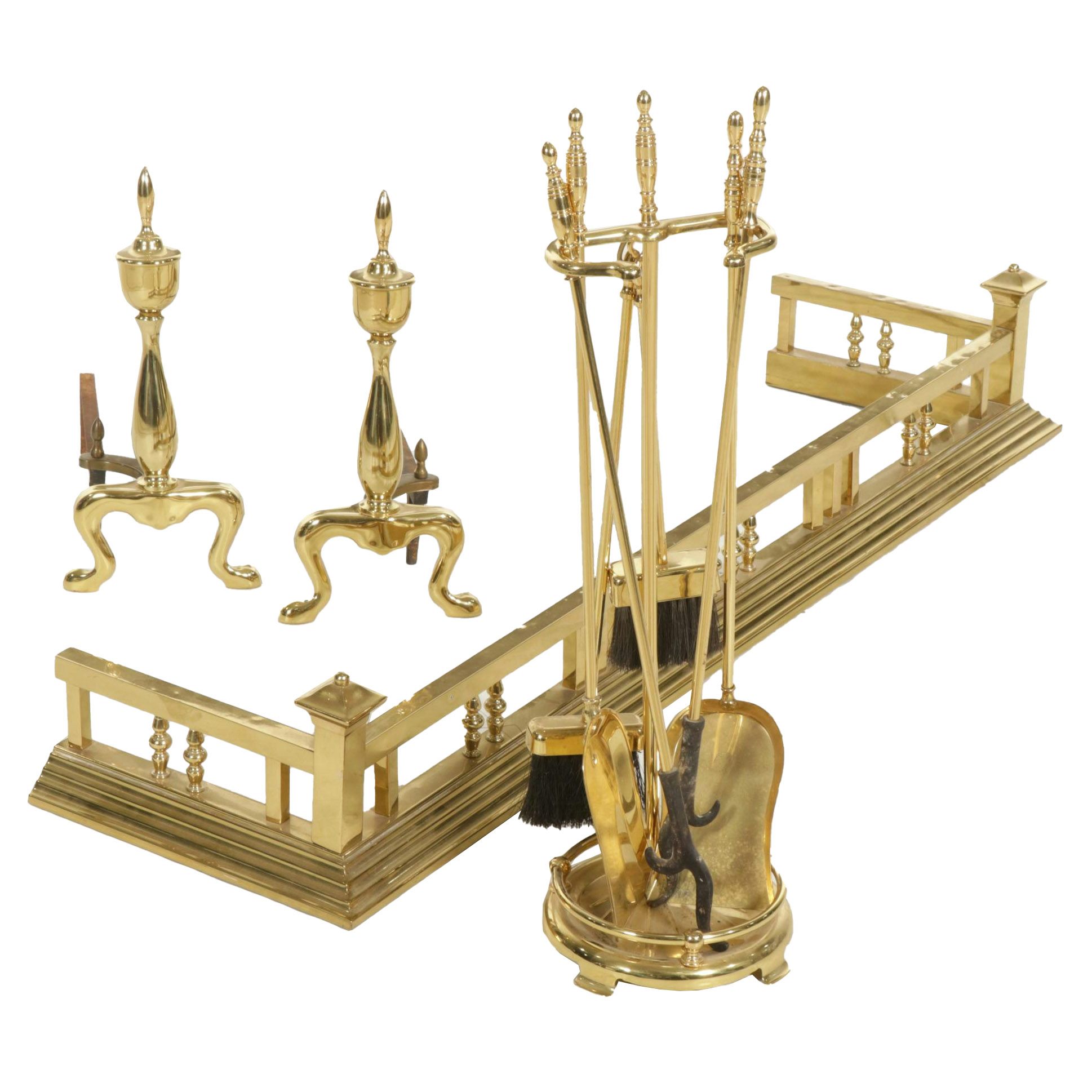 Chippendale Style Brass Fireplace Fender with Andirons, and Tool Set