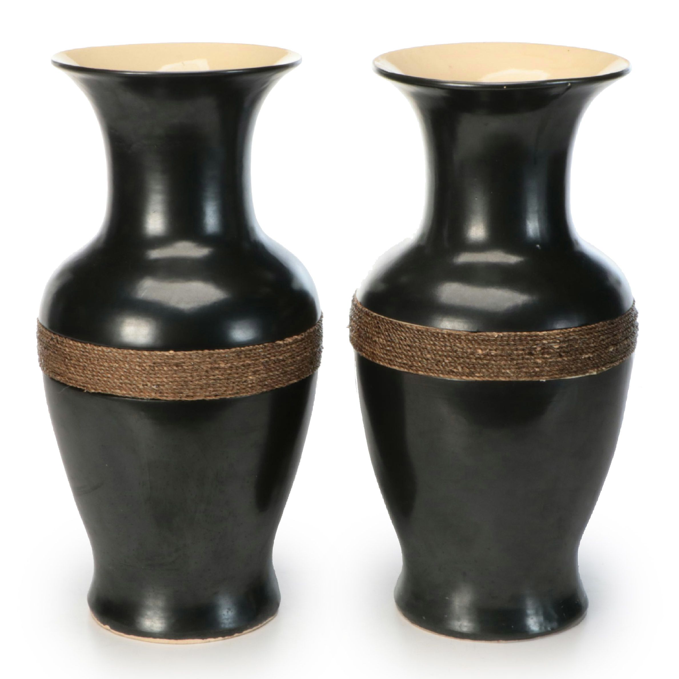 International Bazaar Ceramic and Gilt Braid Floor Vase Pair