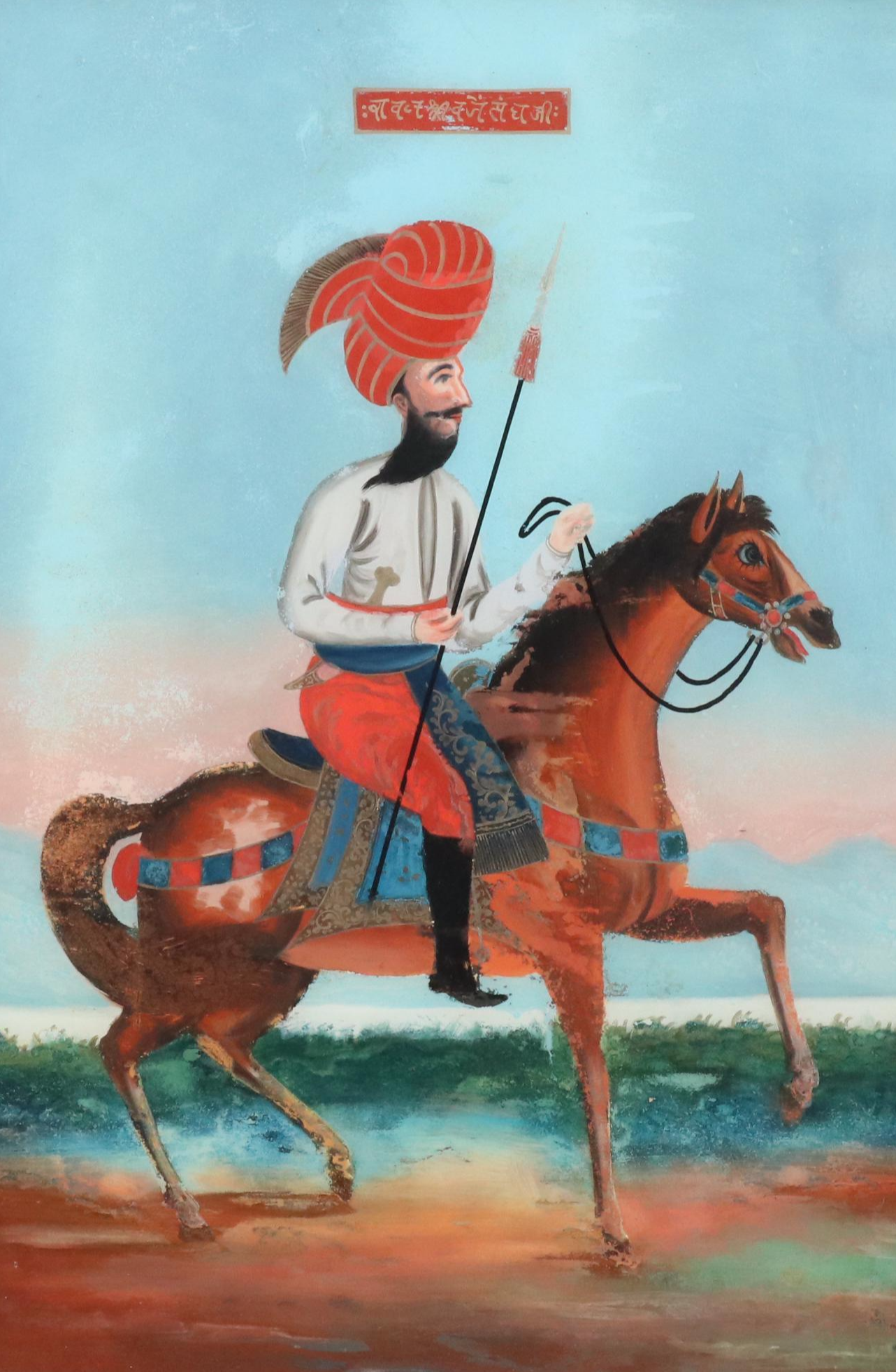 Antique Indian Mughal Empire Reverse Painted Glass of Rider