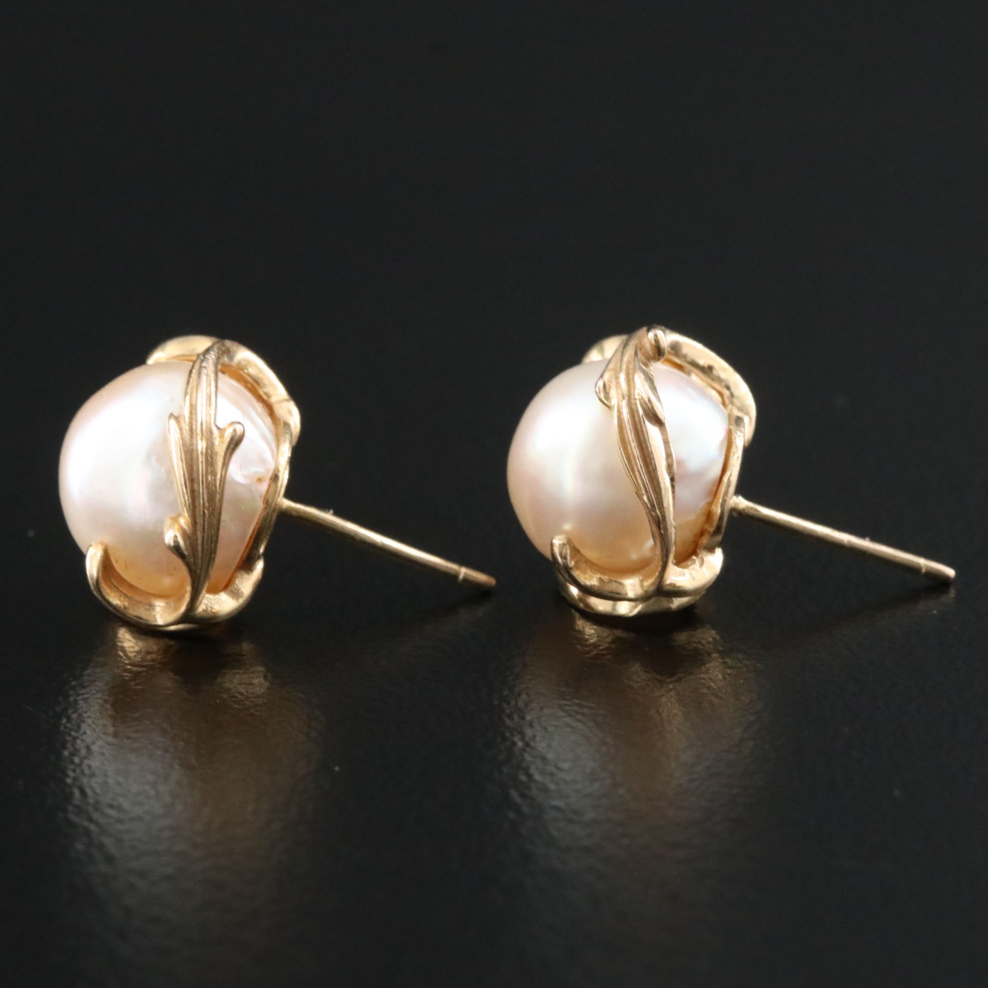 B.A. Ballou & Co. 14K and Pearl Solitaire Foliate Setting Earrings