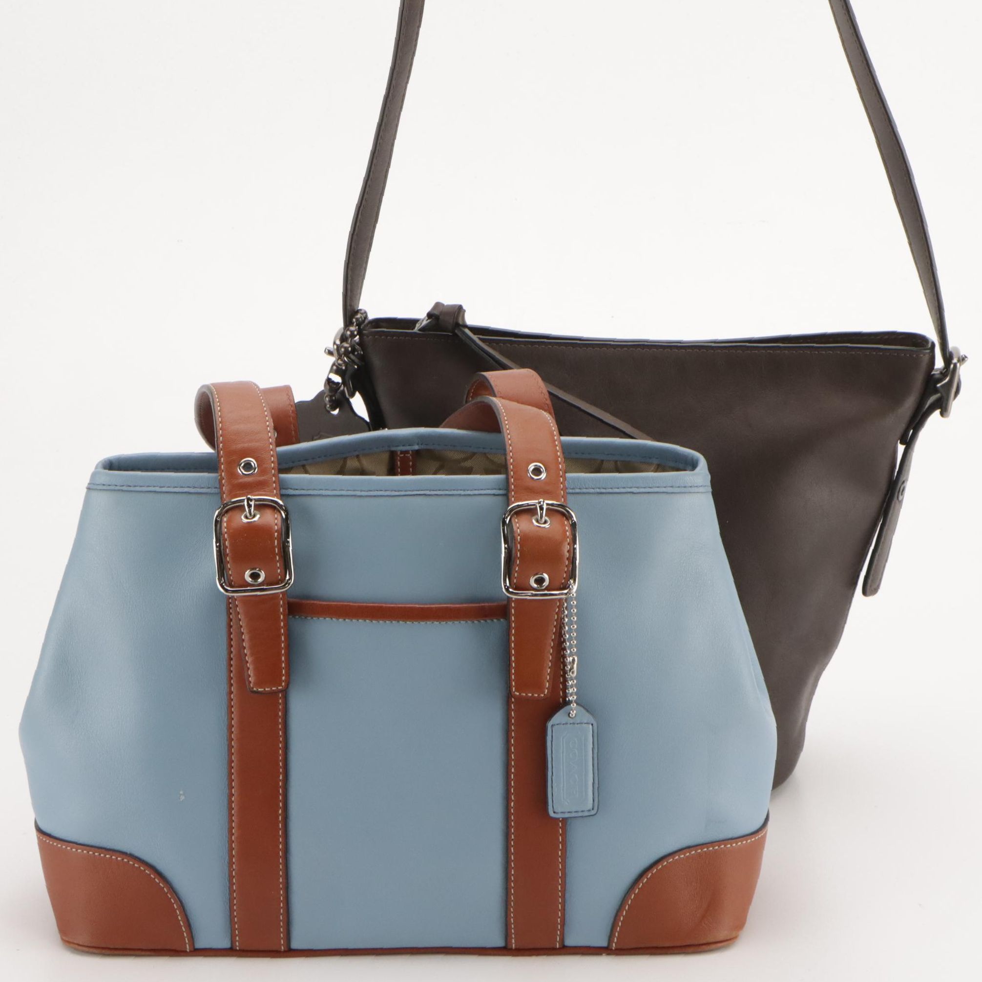 Coach Blue & Brown Leather Hampton Tote, Dark Brown Bleeker Bucket Crossbody Bag
