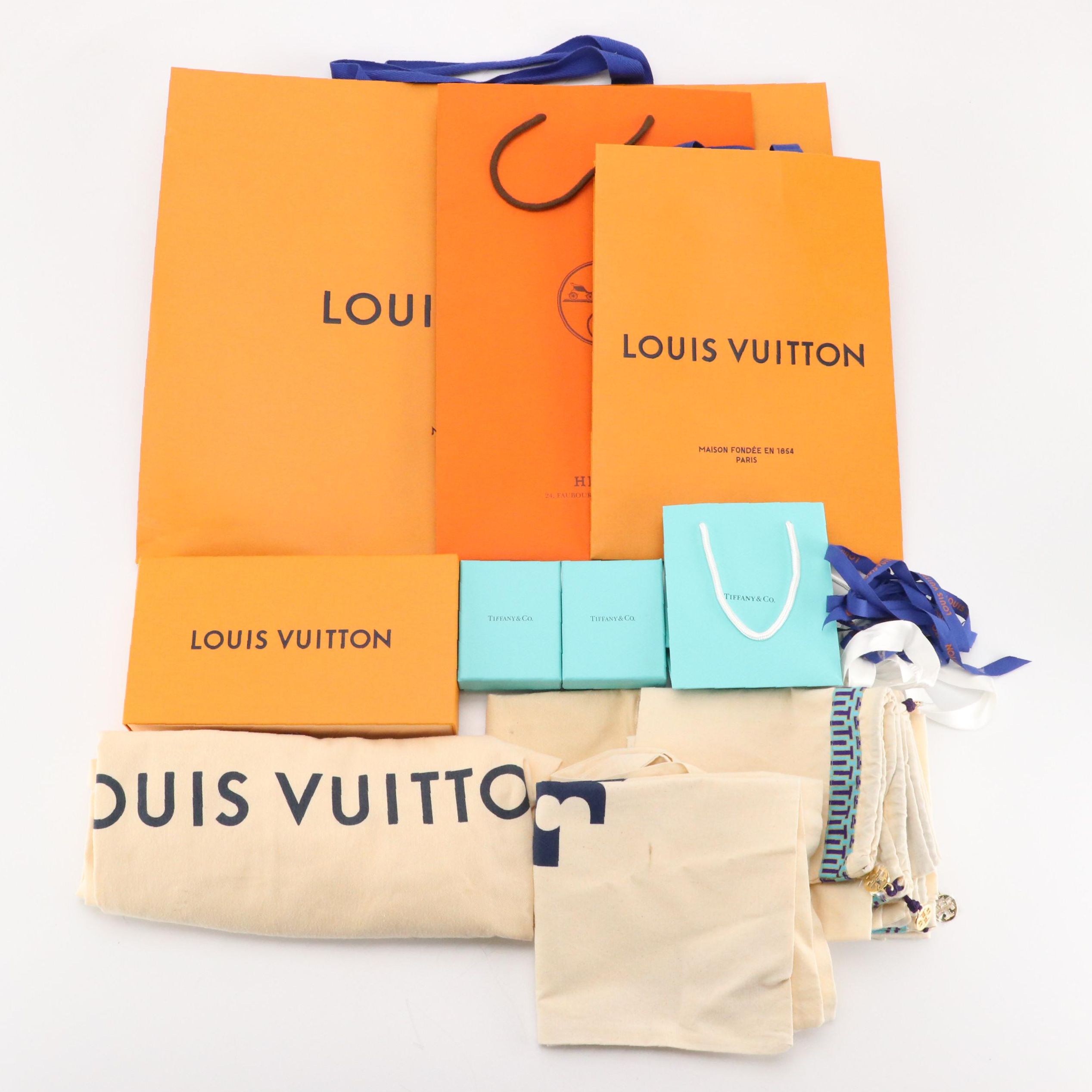 Louis Vuitton Retail Boxes, Shopping Bag & Ribbons with Hermès Retail Bag & More