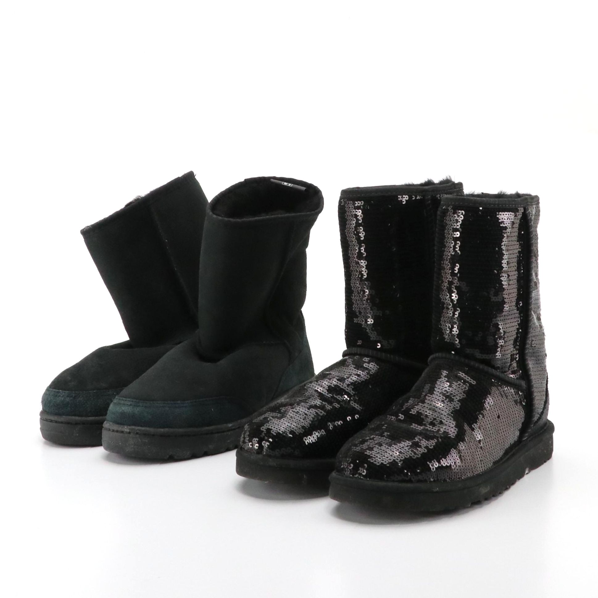 UGG Black 'Classic Sparkle Sequin' Short Boots and 'Ultra Short' Snow Sole Boots