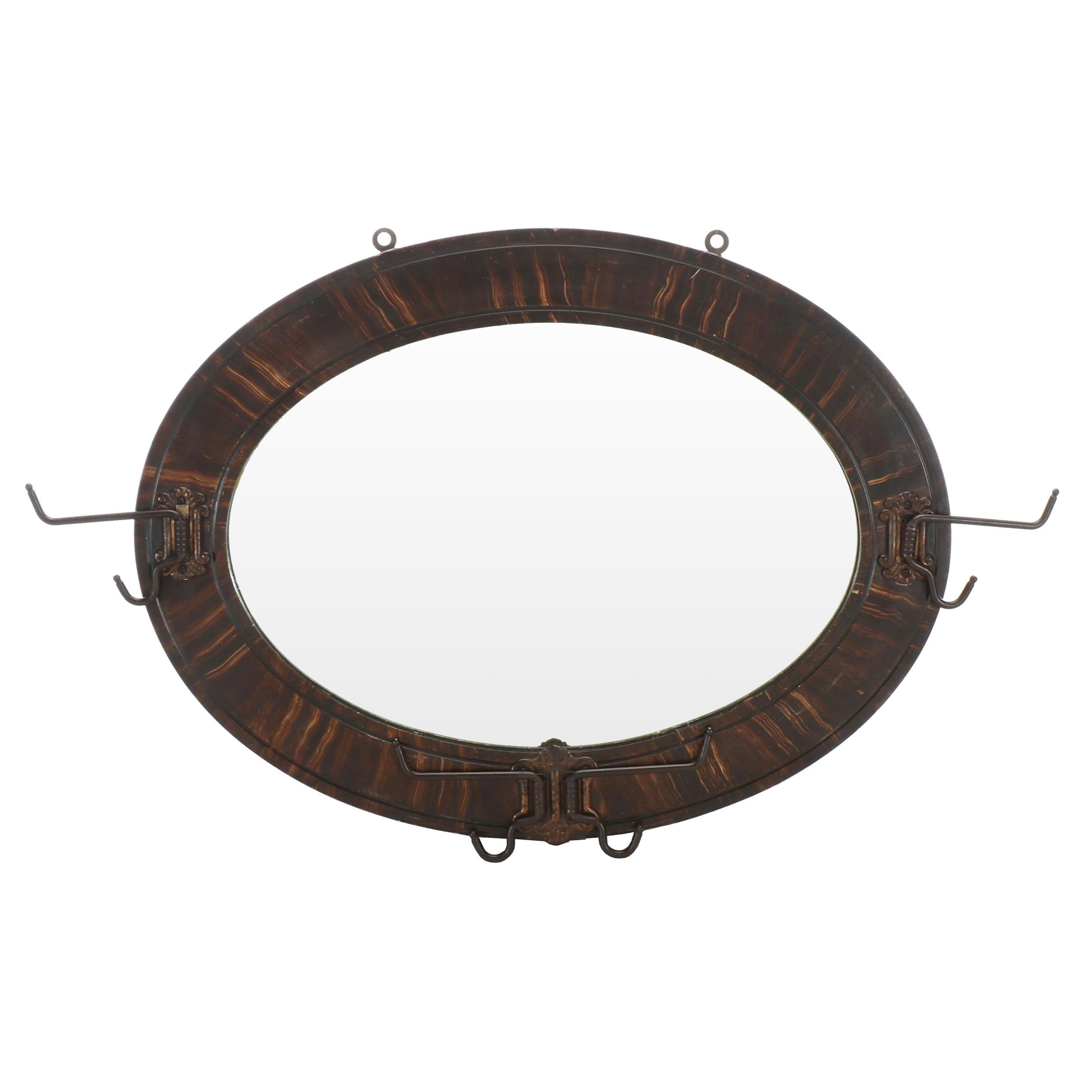 Oval Distressed Finish Wood Wall Mirror with Hat and Coat Hooks