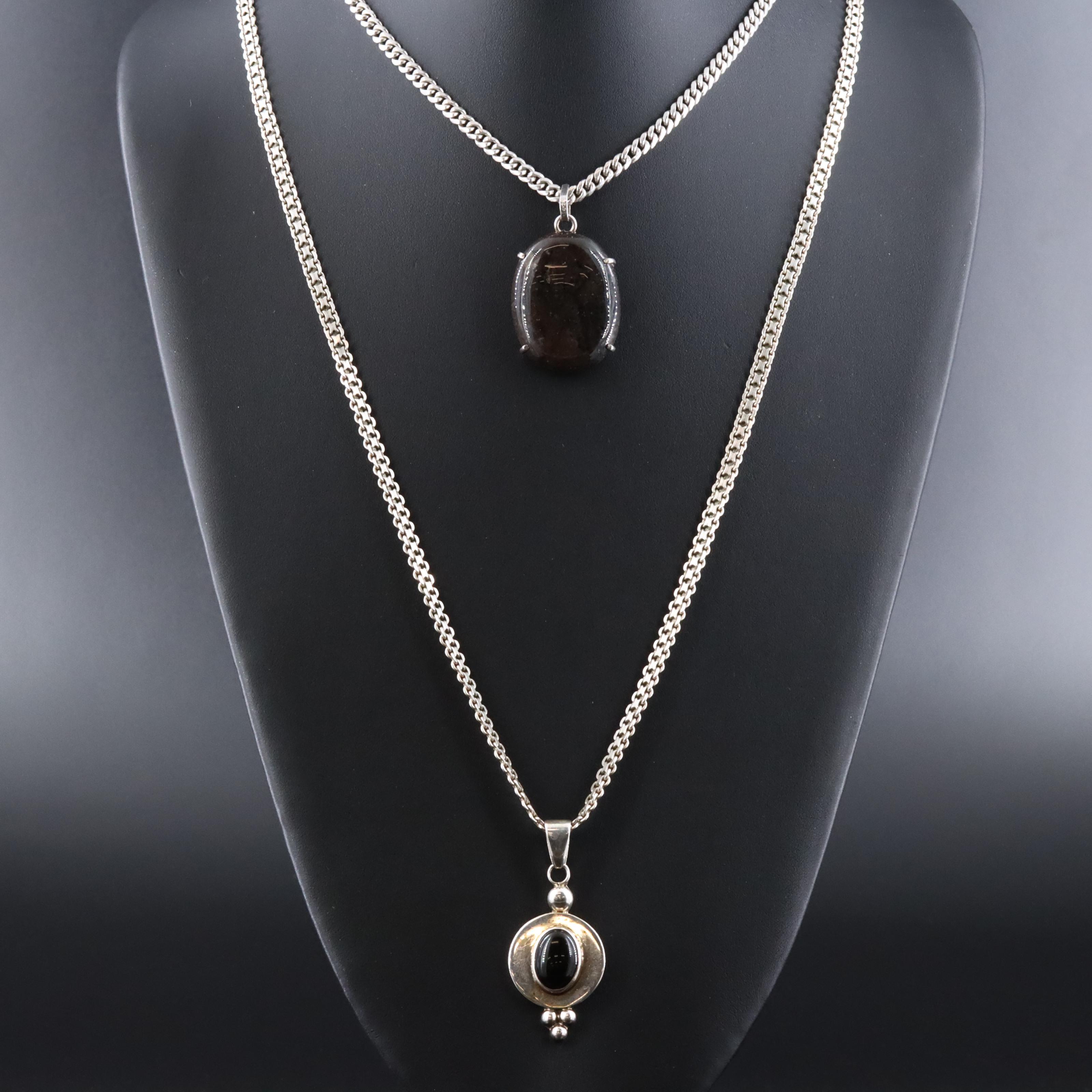 Sterling Black Onyx and Agate Pendant Necklaces