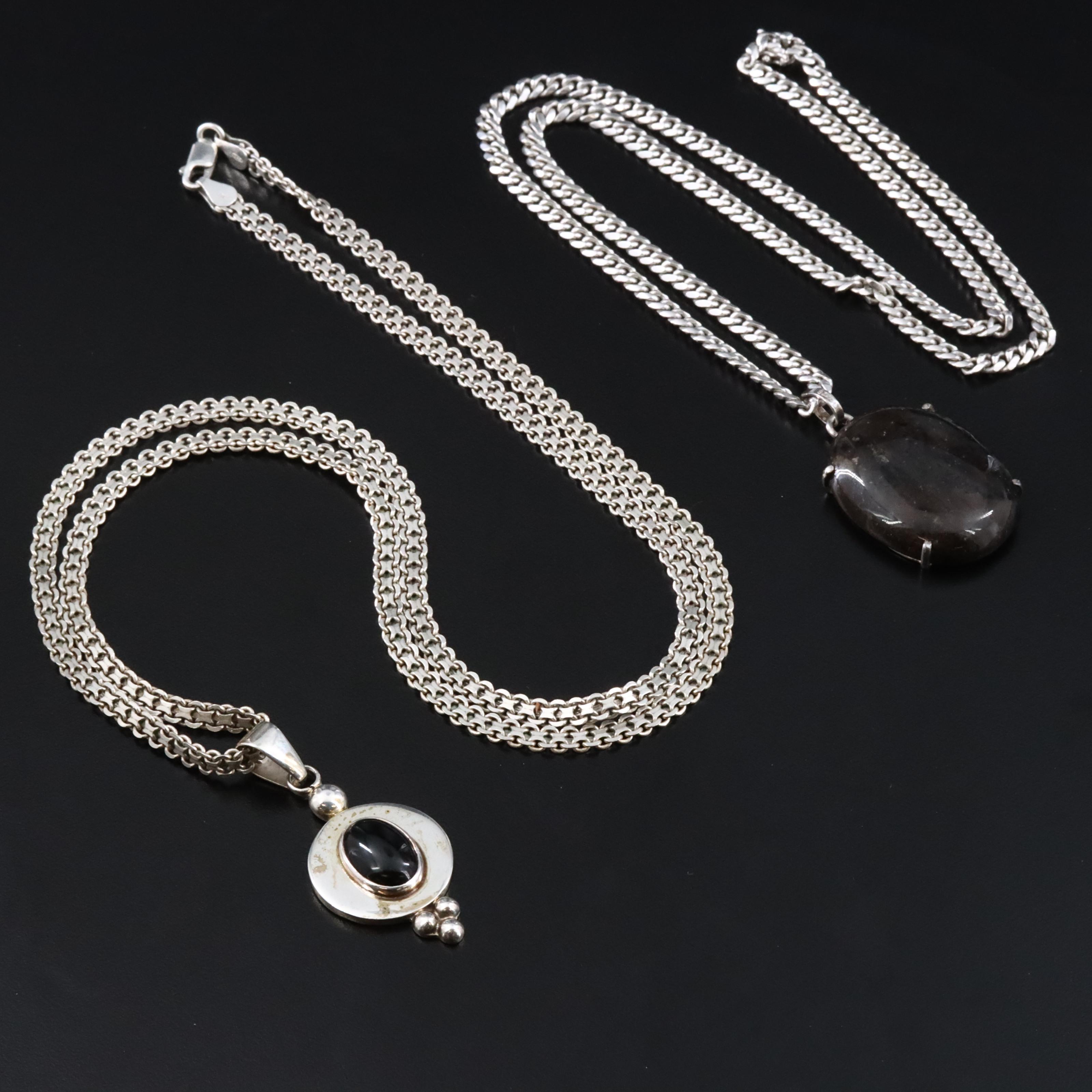 Sterling Black Onyx and Agate Pendant Necklaces