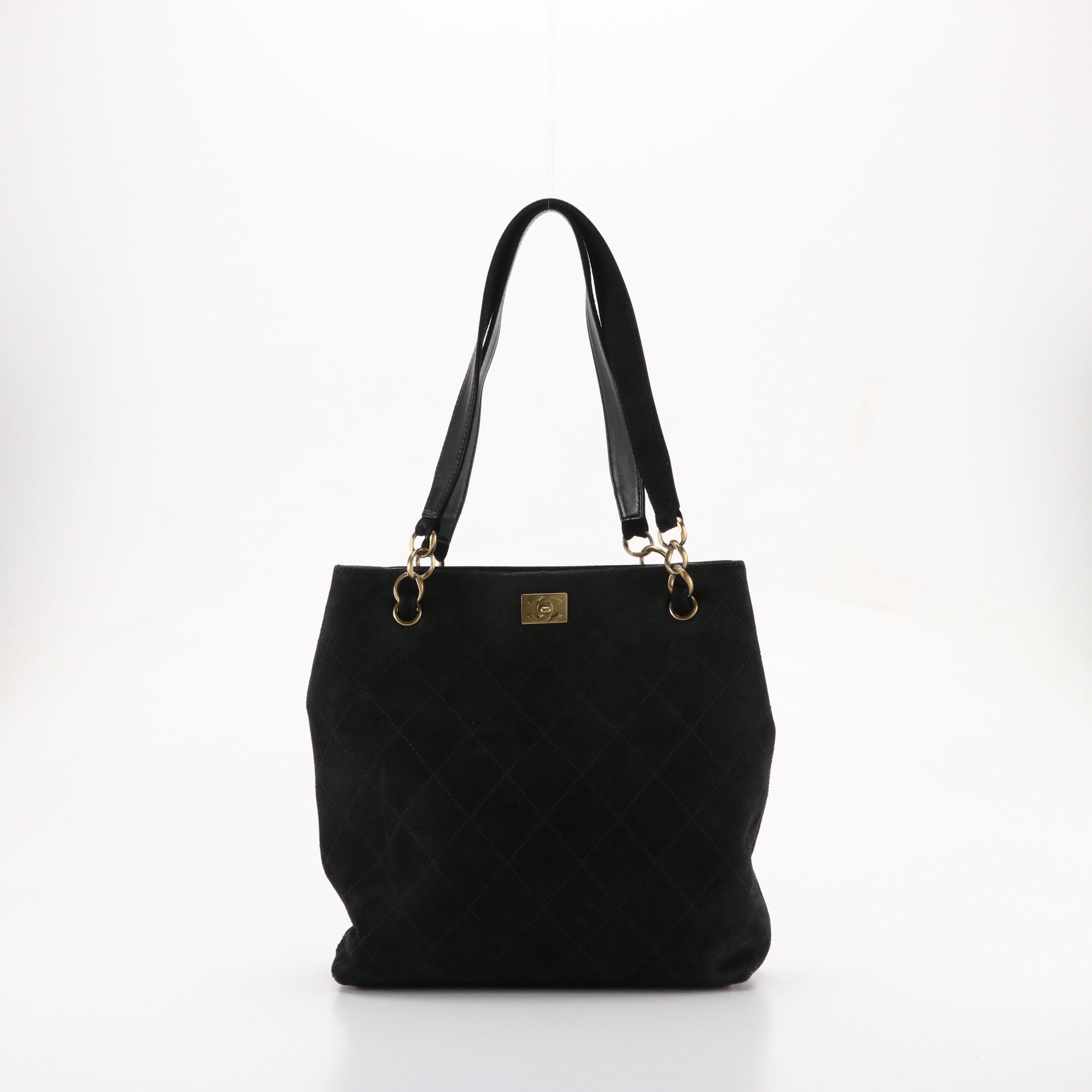 Chanel CC Tote in Black Diamond Stitch Caviar Suede with Cosmetic Pouch