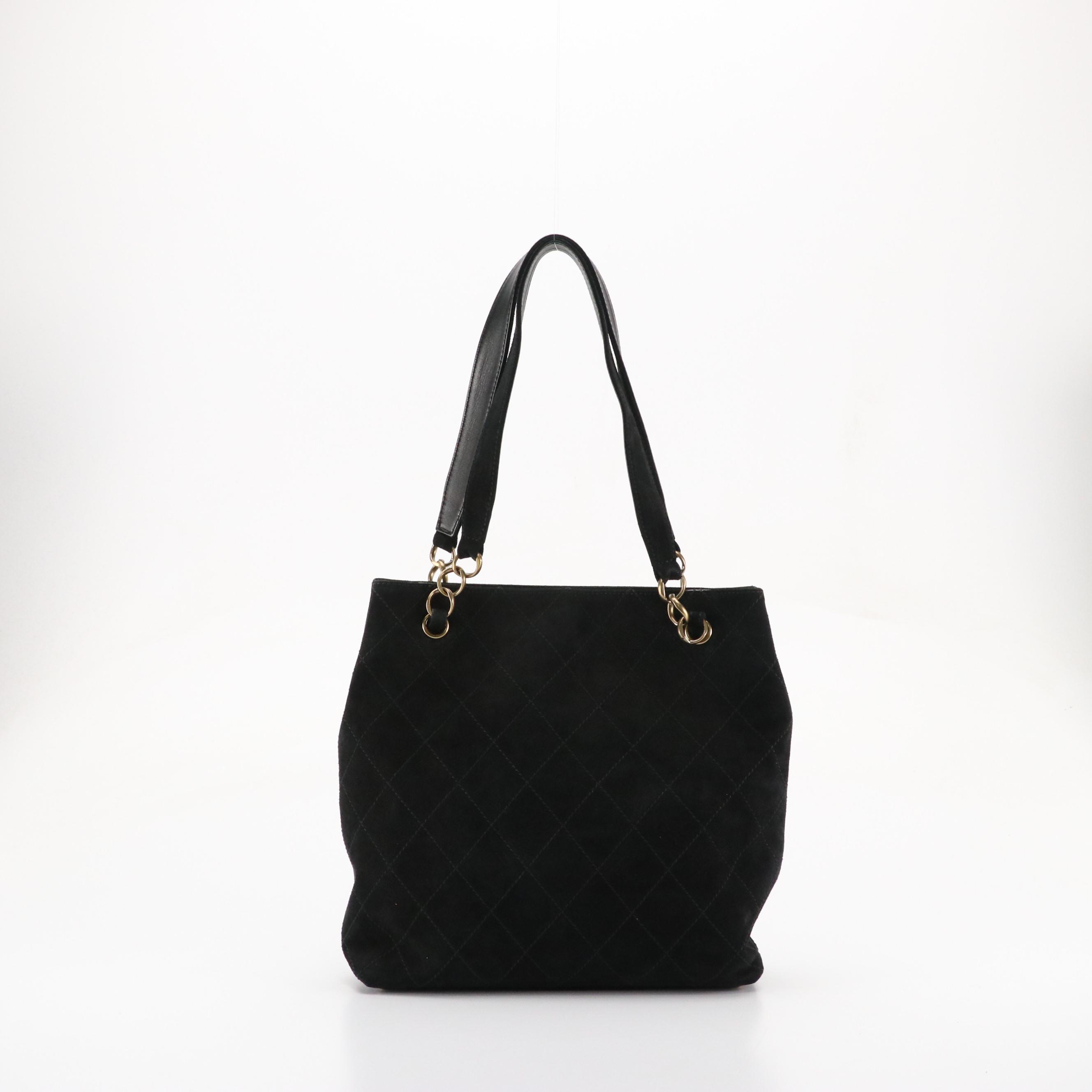 Chanel CC Tote in Black Diamond Stitch Caviar Suede with Cosmetic Pouch