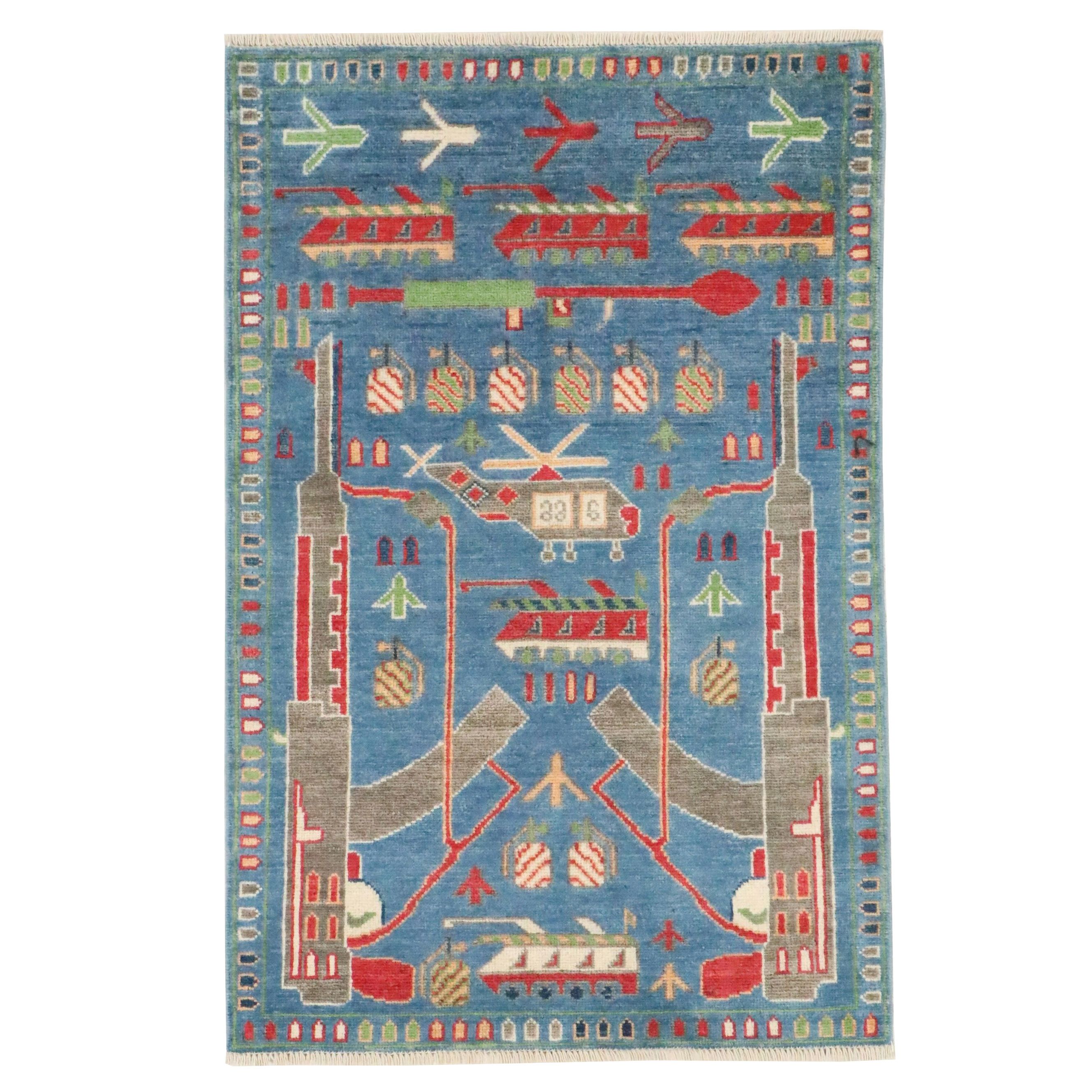 2'8 x 4'2 Hand-Knotted Afghan Pictorial War Accent Rug