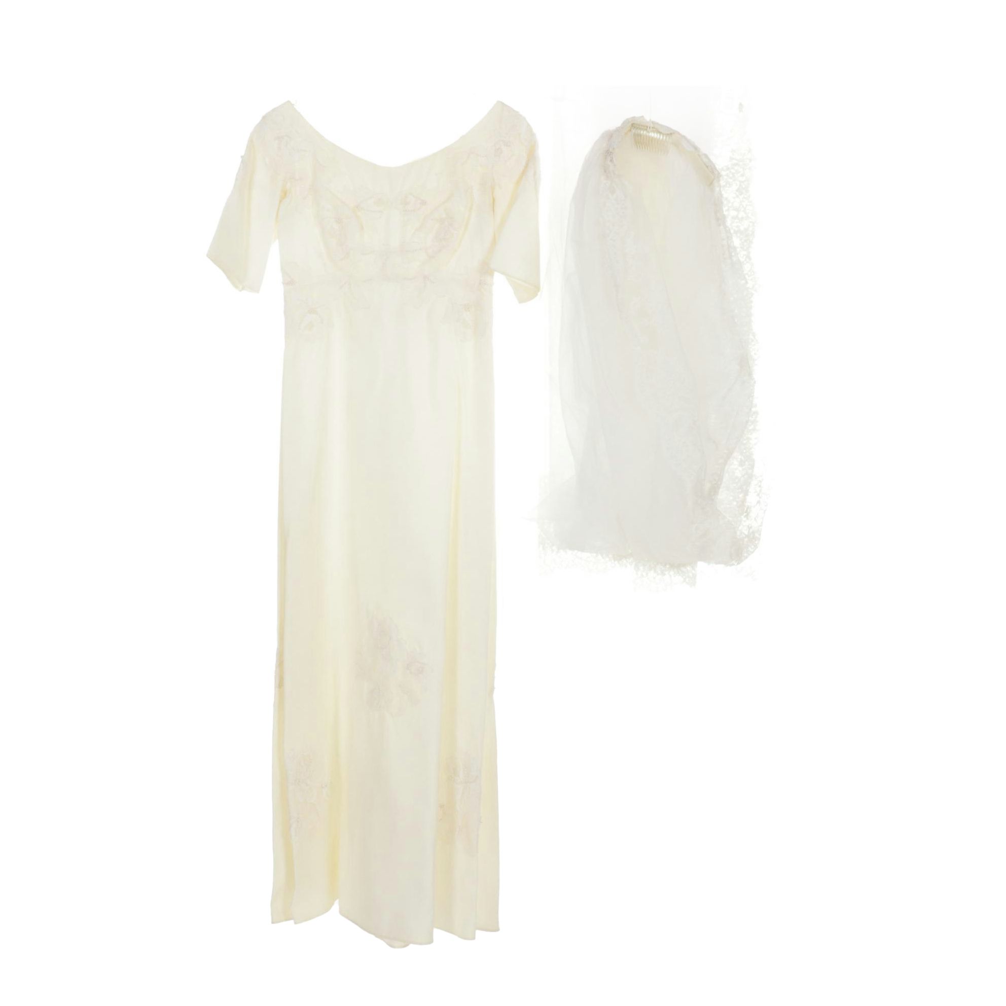 Maurer's Originals Embellished Wedding Dress with Lace Tulle Veil, 1960s