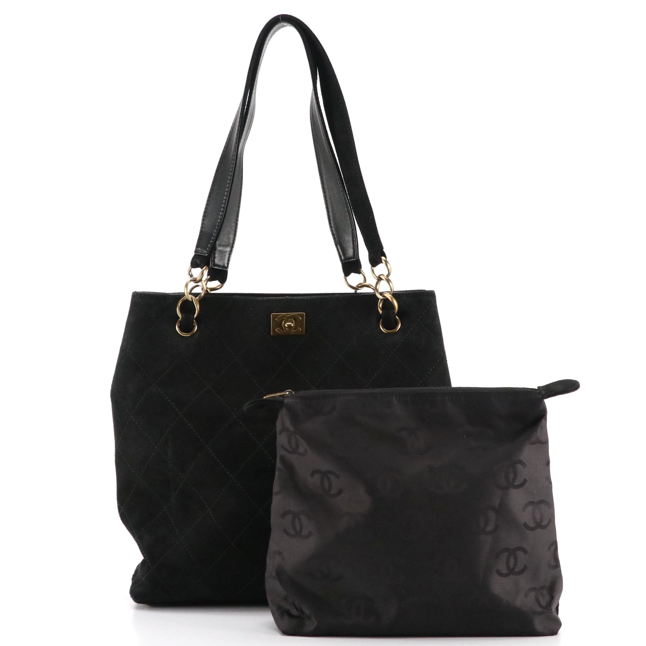 Chanel CC Tote in Black Diamond Stitch Caviar Suede with Cosmetic Pouch