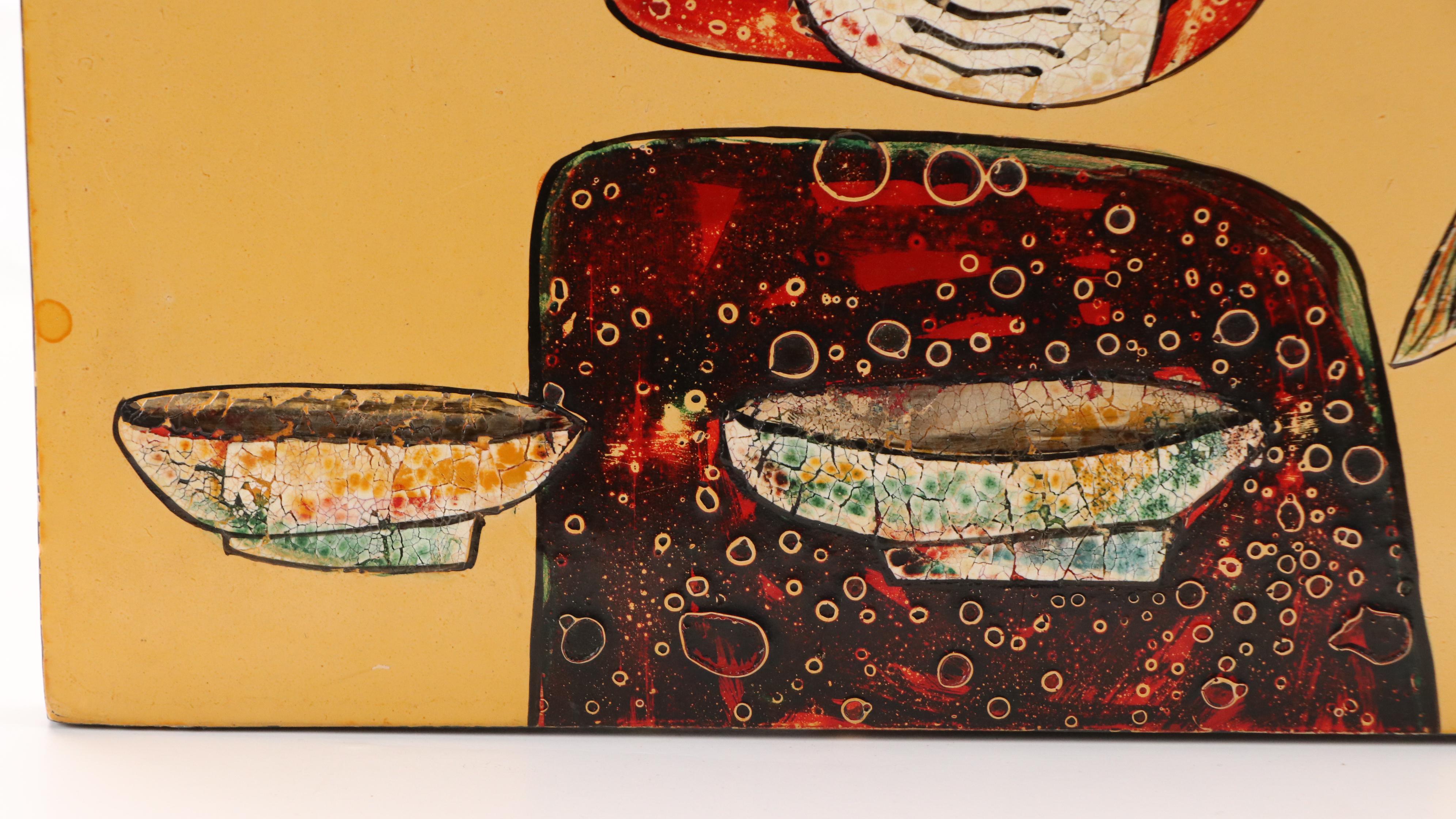 Vietnamese School Lacquer Painting on Wood Panel with Figures, Fish, and Bowls