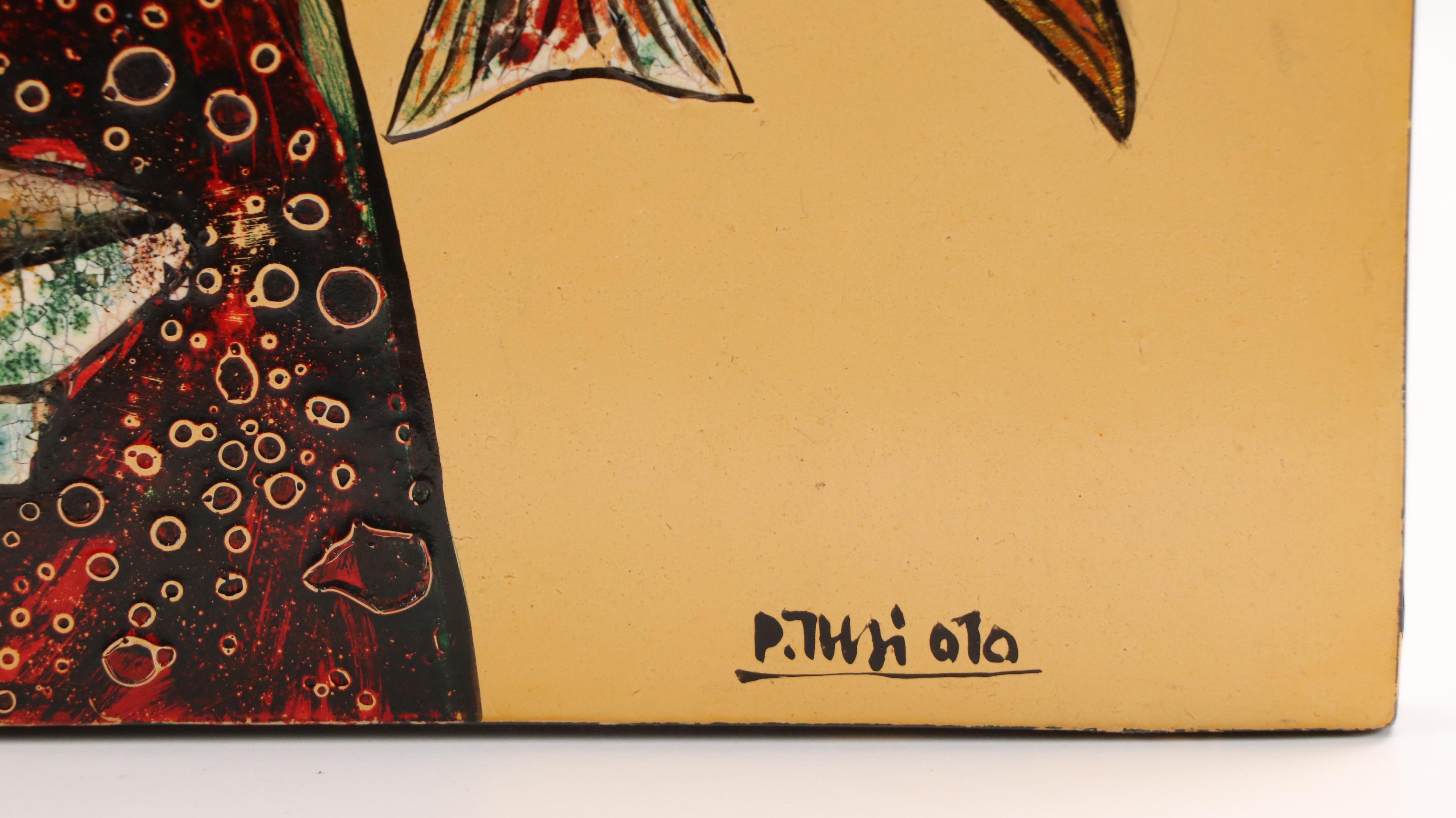 Vietnamese School Lacquer Painting on Wood Panel with Figures, Fish, and Bowls