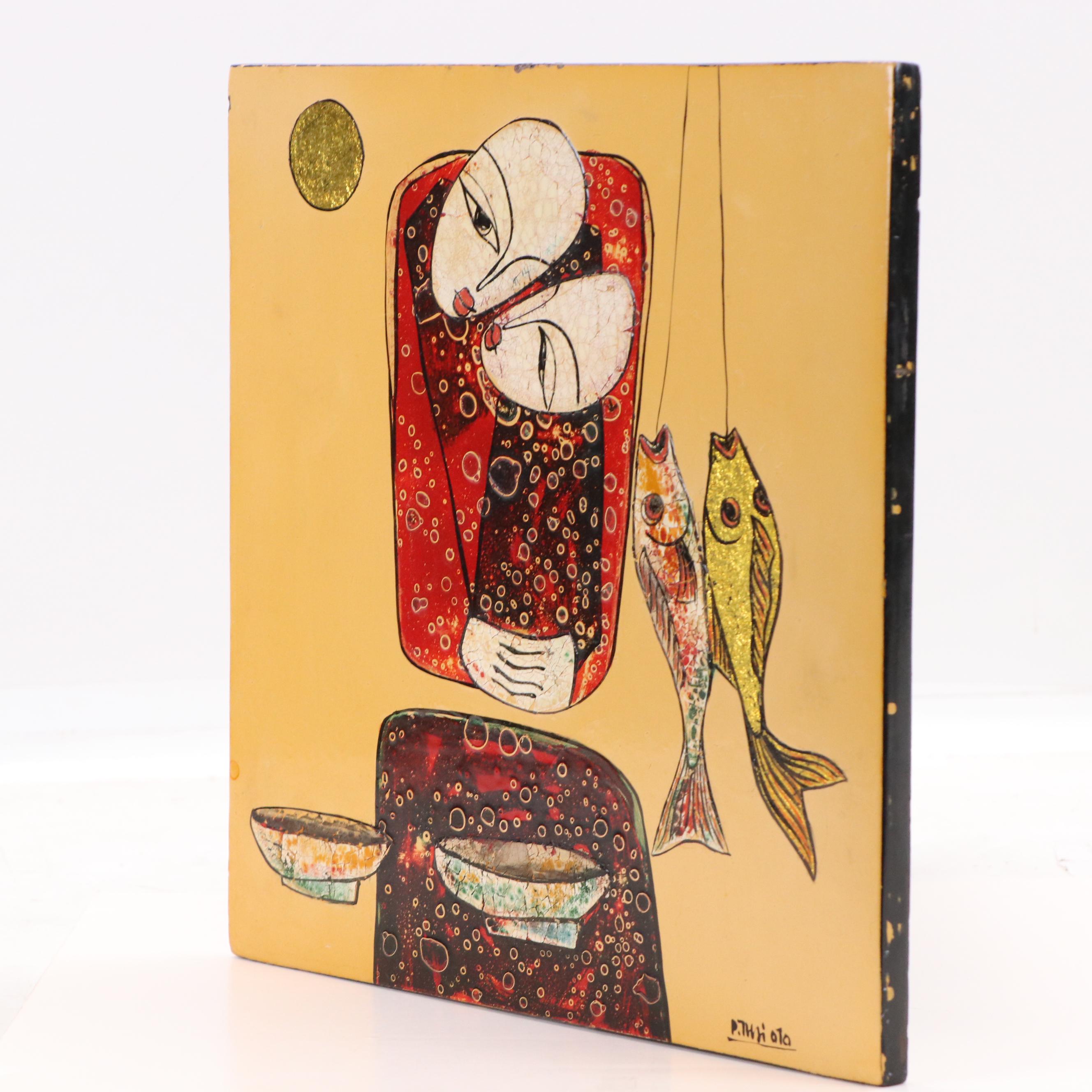 Vietnamese School Lacquer Painting on Wood Panel with Figures, Fish, and Bowls