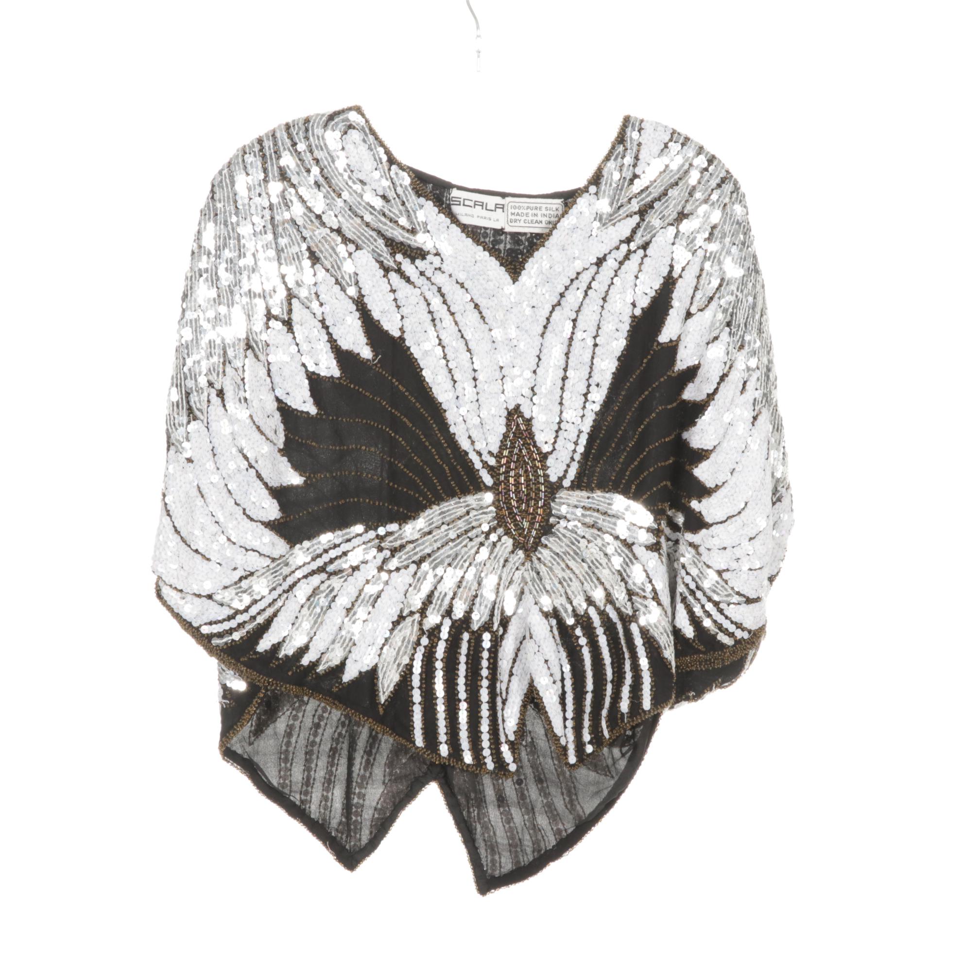 Scala & Sténay Sequin Embellished Silk Blouses Featuring Peacock & Flower Motif