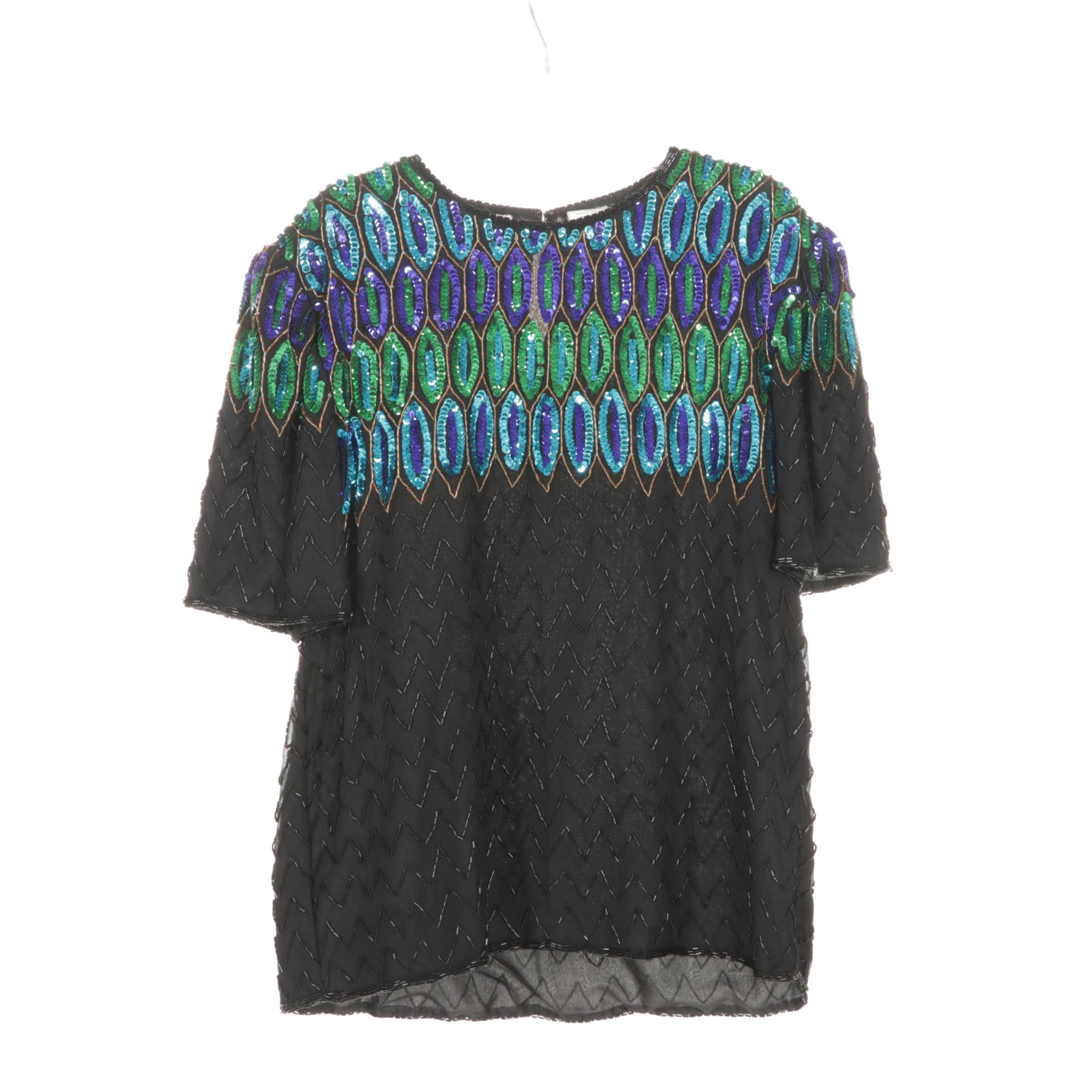 Scala & Sténay Sequin Embellished Silk Blouses Featuring Peacock & Flower Motif