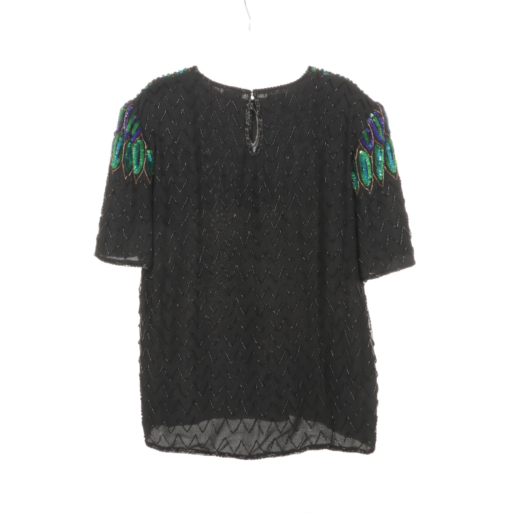 Scala & Sténay Sequin Embellished Silk Blouses Featuring Peacock & Flower Motif