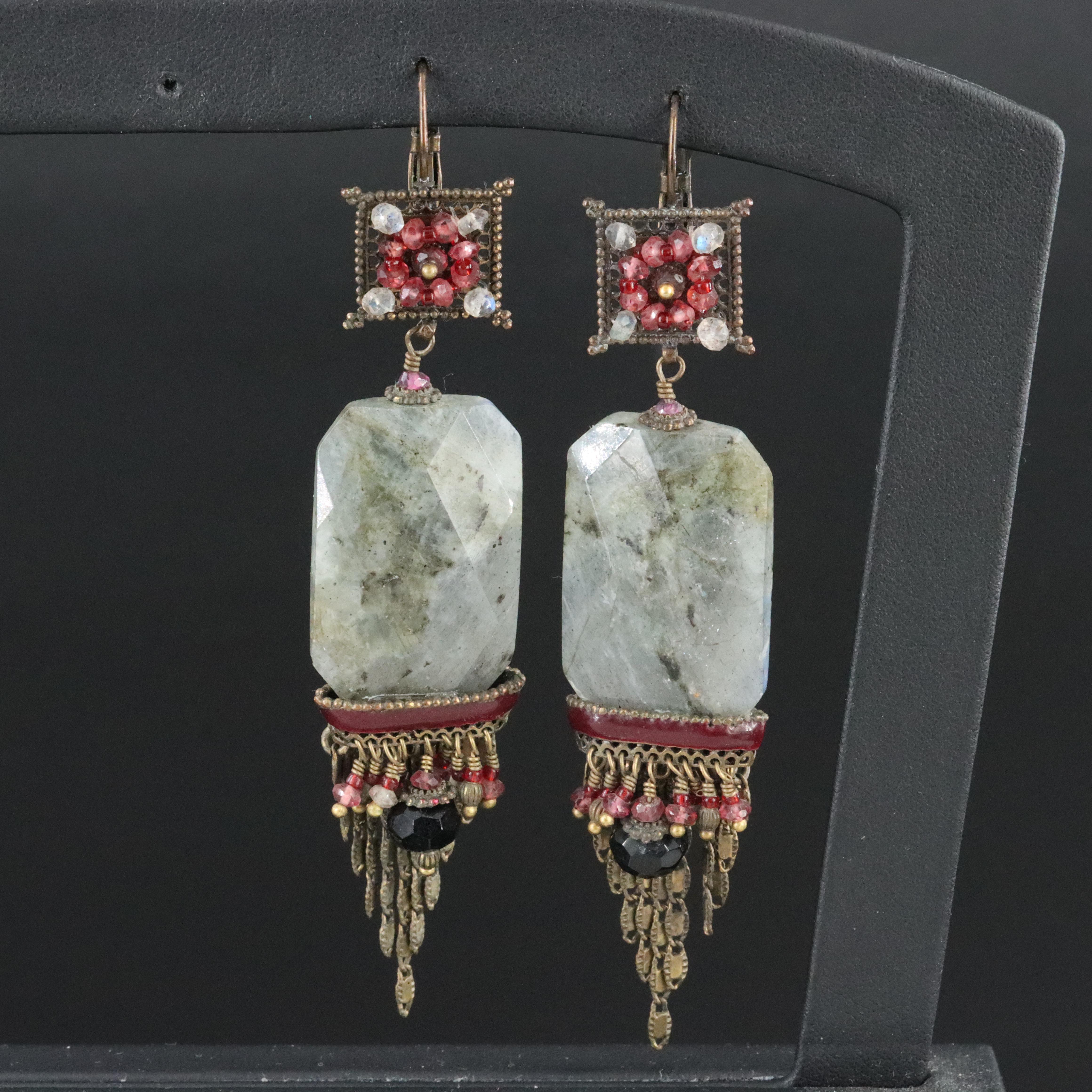 Vintage Labradorite, Garnet and Glass Chandelier Earrings