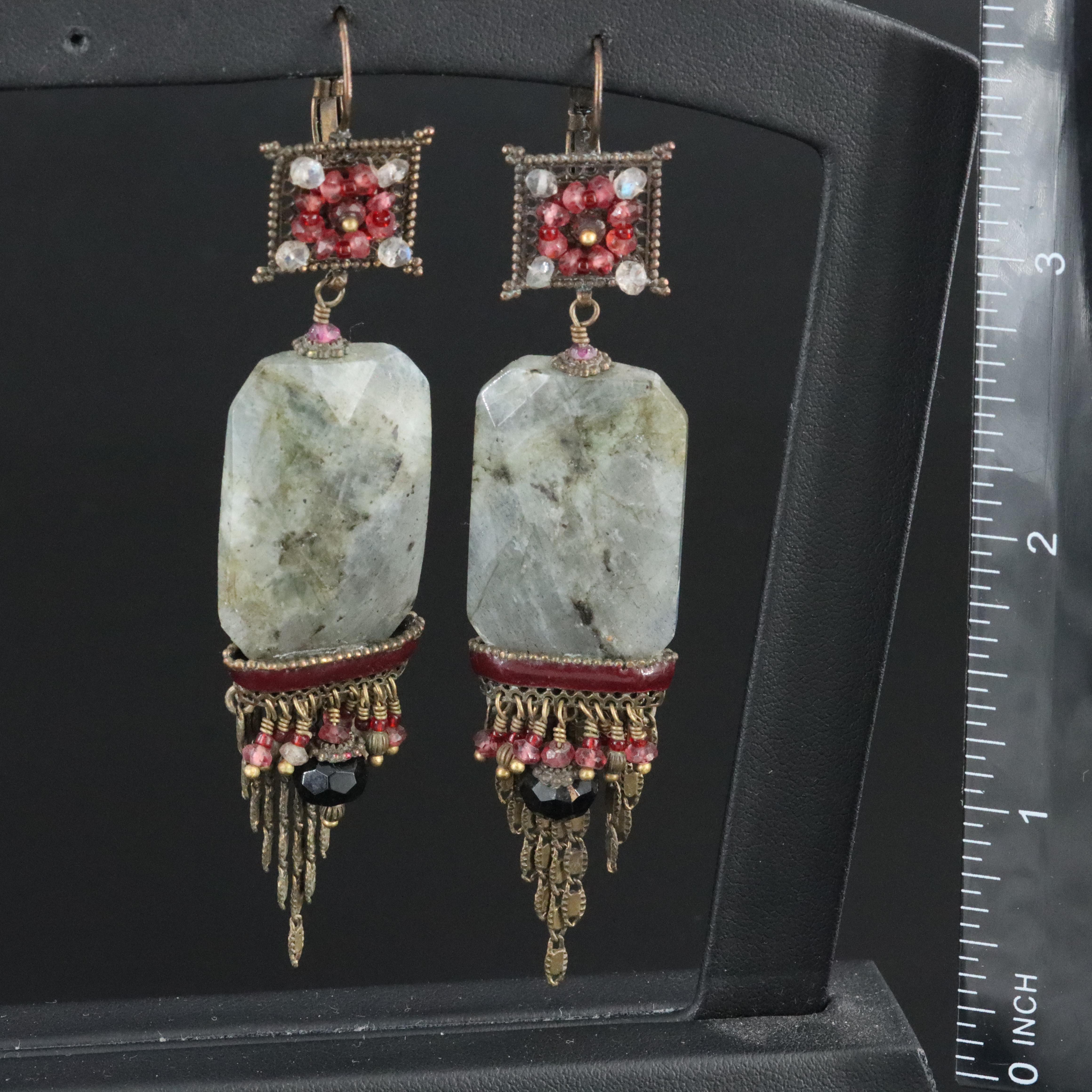 Vintage Labradorite, Garnet and Glass Chandelier Earrings