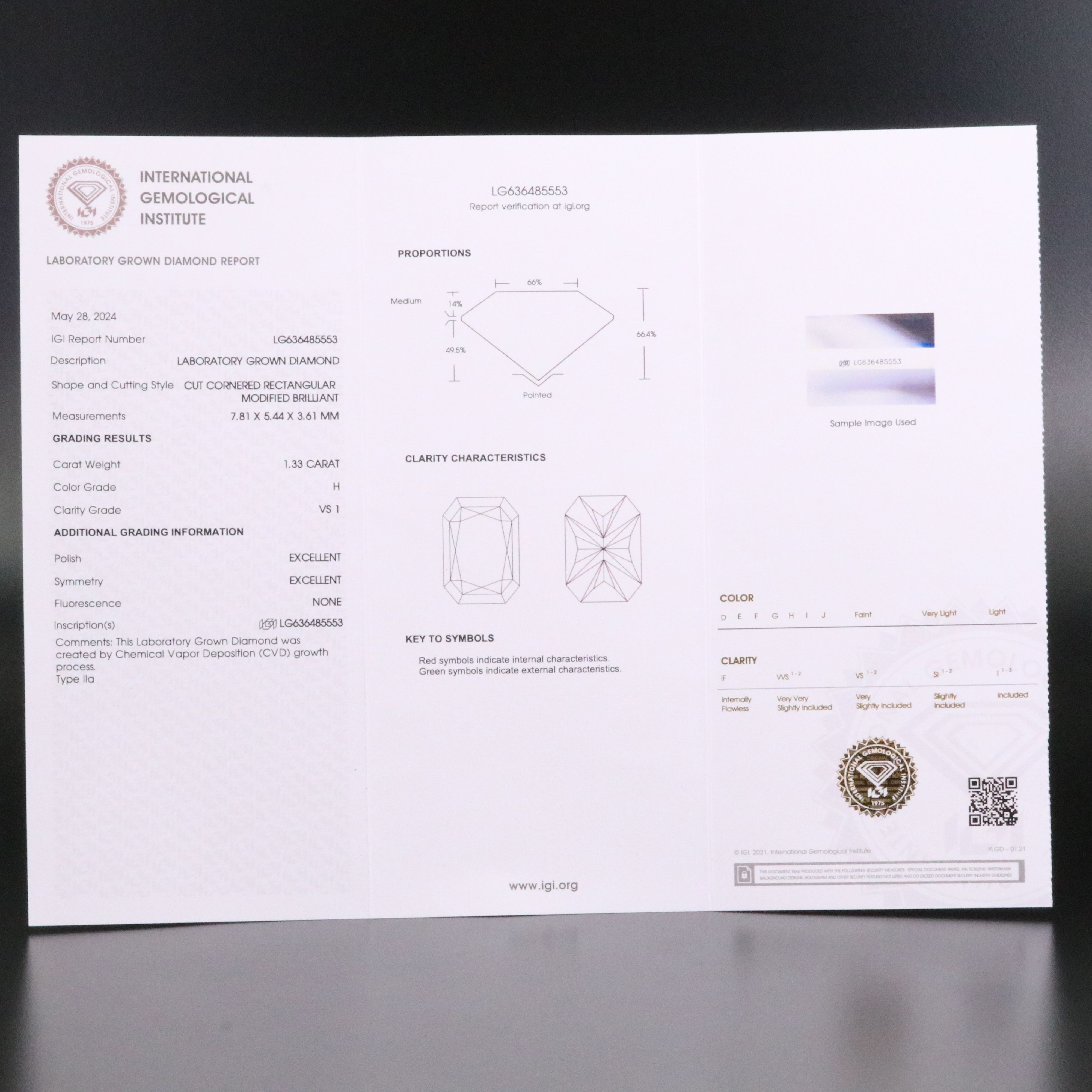 Loose 1.33 CT Lab Grown Diamond with IGI Report