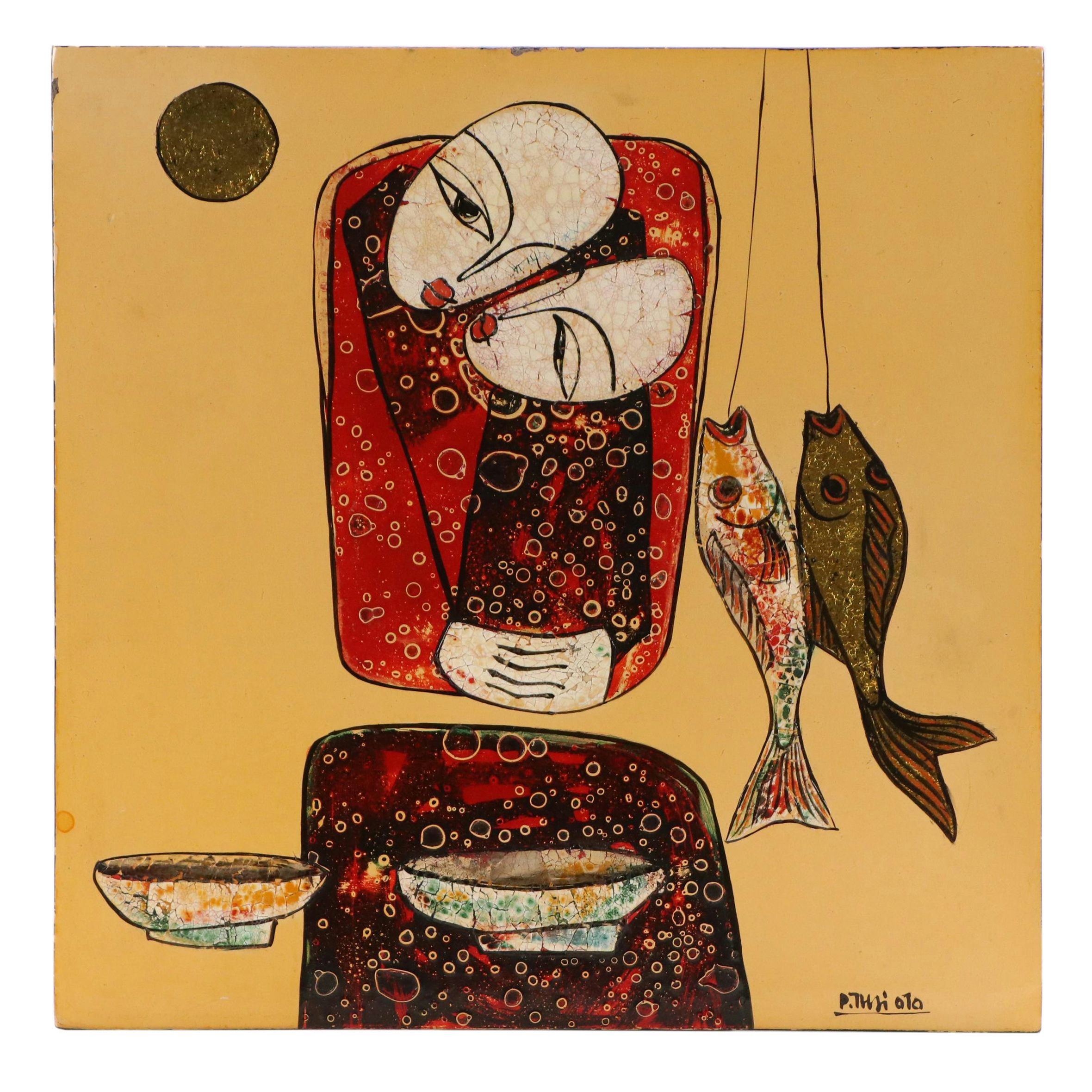 Vietnamese School Lacquer Painting on Wood Panel with Figures, Fish, and Bowls