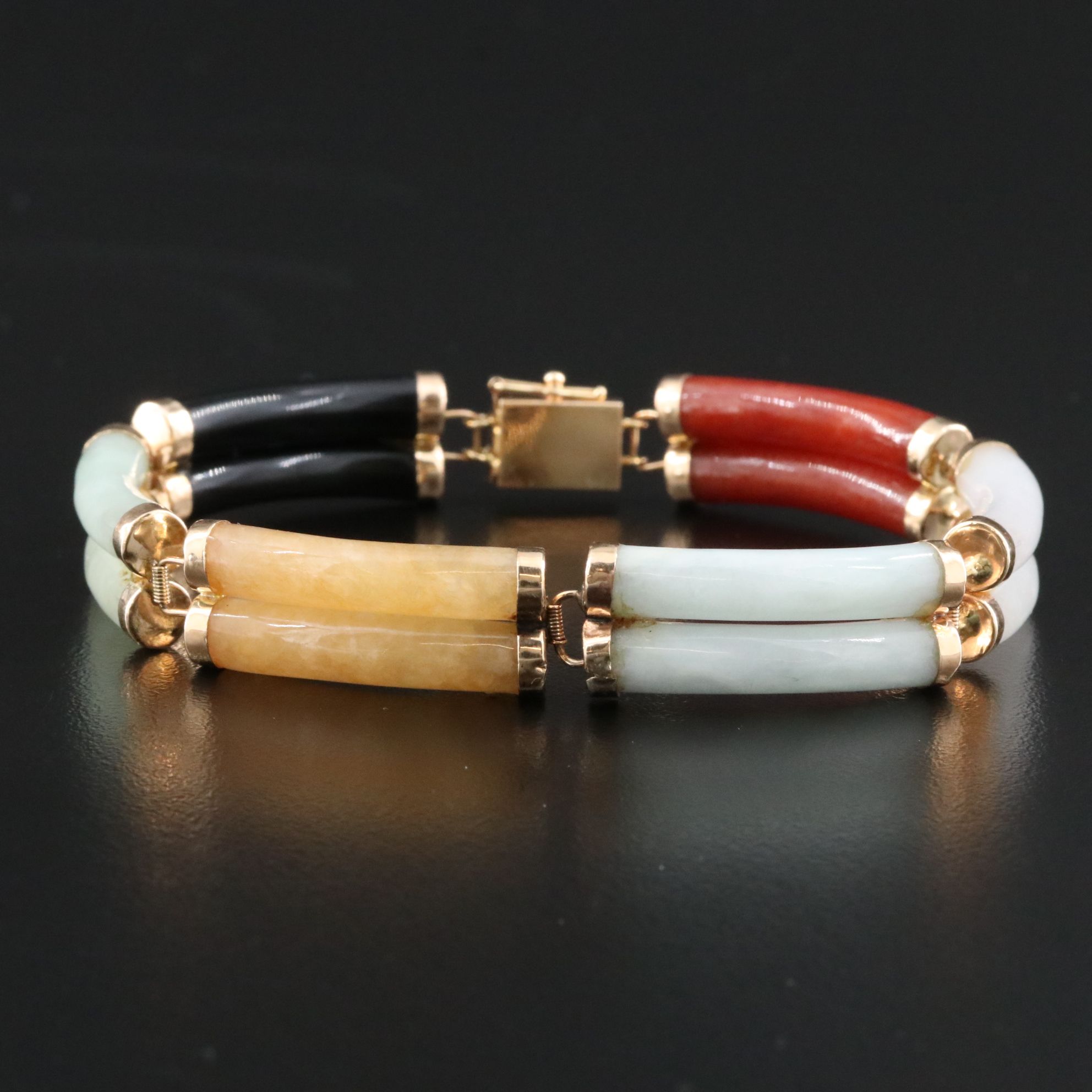 14K Jadeite and Black Onyx Curved Bar Bracelet